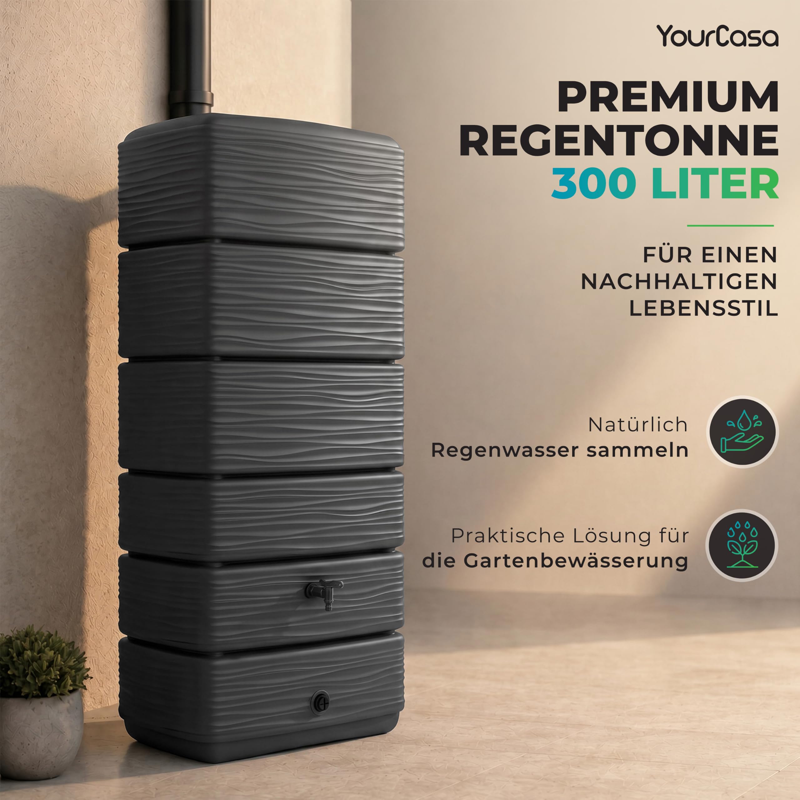 YourCasa AquaWall Regentonne 300 Liter Anthrazit – Schlanker Wandtank mit Regensammler Set, Regenwassertonne schmal & platzsparend 60x40x137cm, UV-beständig, Wasserhahn, Regenwasserbehälter für Garten