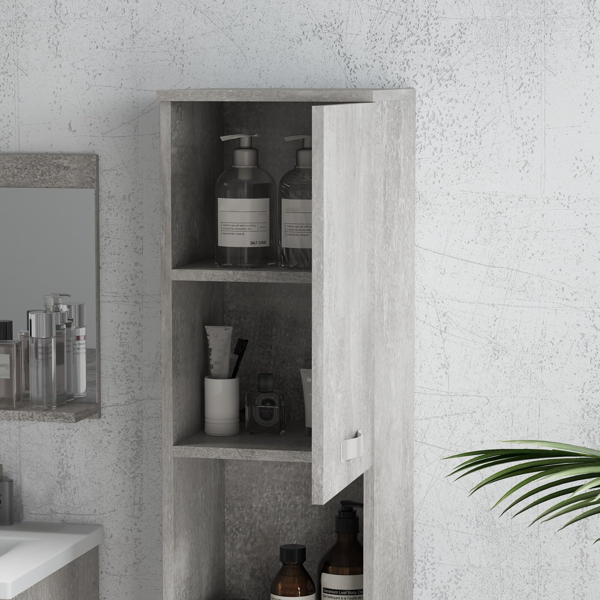 kleankin Ensemble de Meubles de Salle de Bain 4 pièces, Montage Mural, avec Miroir, Meuble sous Vasque, lavabo en céramique et Armoire Colonne Haute, étagères réglables, Style Moderne, Gris