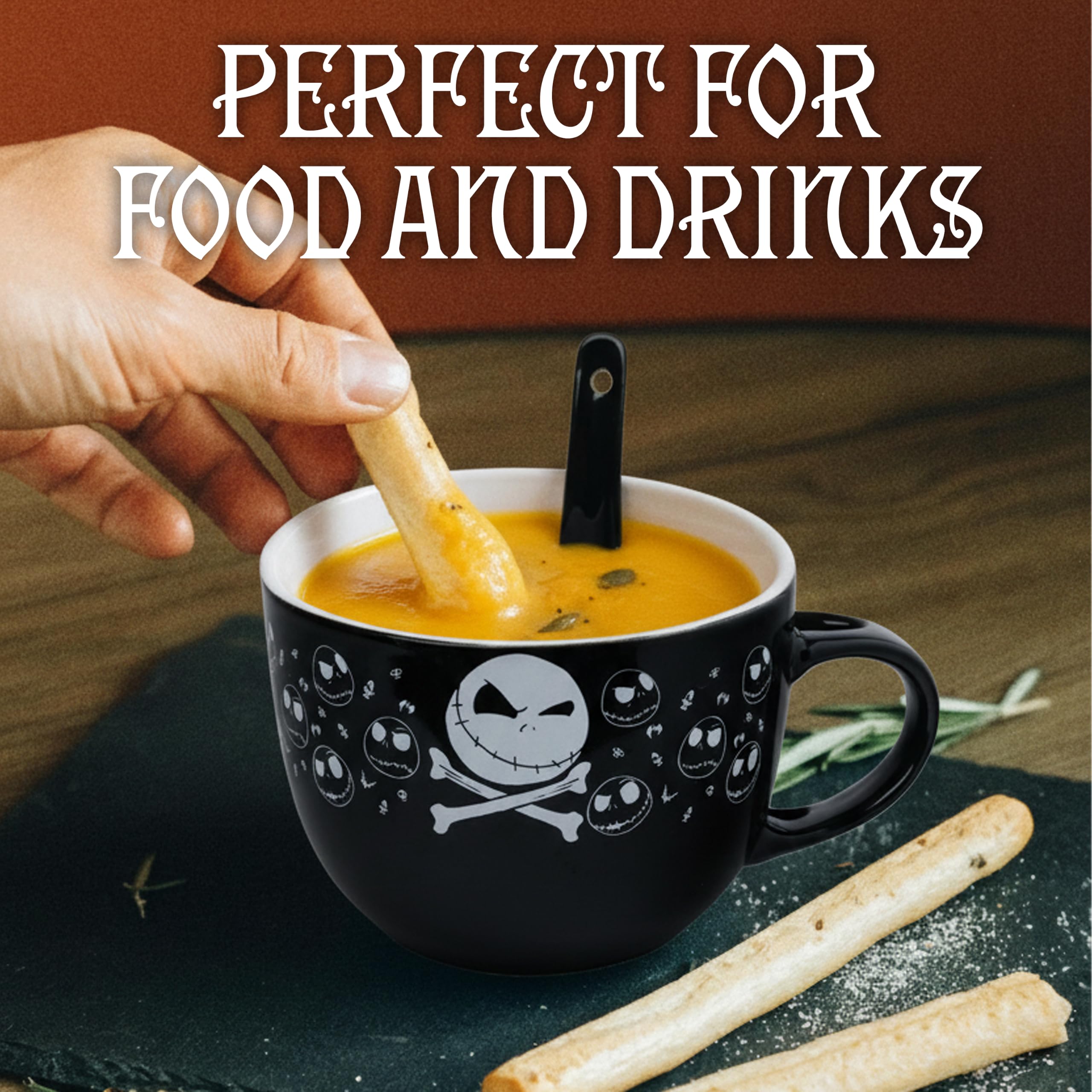 Silver Buffalo Nightmare Before Christmas Jack Cross Bones Keramik-Suppentasse mit Löffel, 680 ml | Tim Burton's, Jack Skellington, Löffel-Set, Totenköpfe, 0,71 Liter