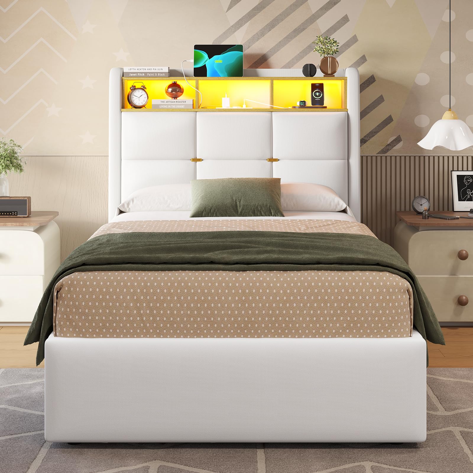 DICTAC Letto per ragazzi 90 x 200 cm, con illuminazione a LED e ciabatta, 90 x 200 cm, con vano testiera, telaio in lino, per adulti, 90 x 200 cm, con rete a doghe, porte USB e vano testiera, colore