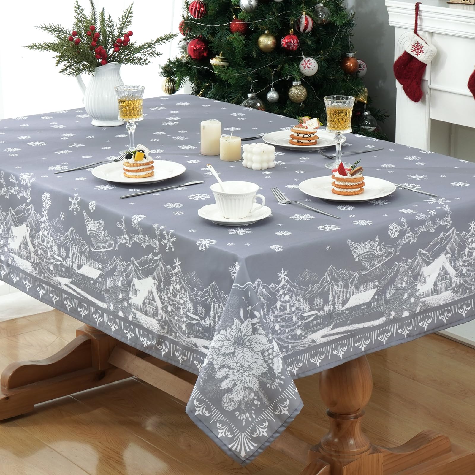 Alishomtll - Mantel de Navidad (130 x 220 cm), rectangular, diseño de copos de nieve, árboles de Navidad, impermeable, lavable, decoración invernal, dorado y rojo