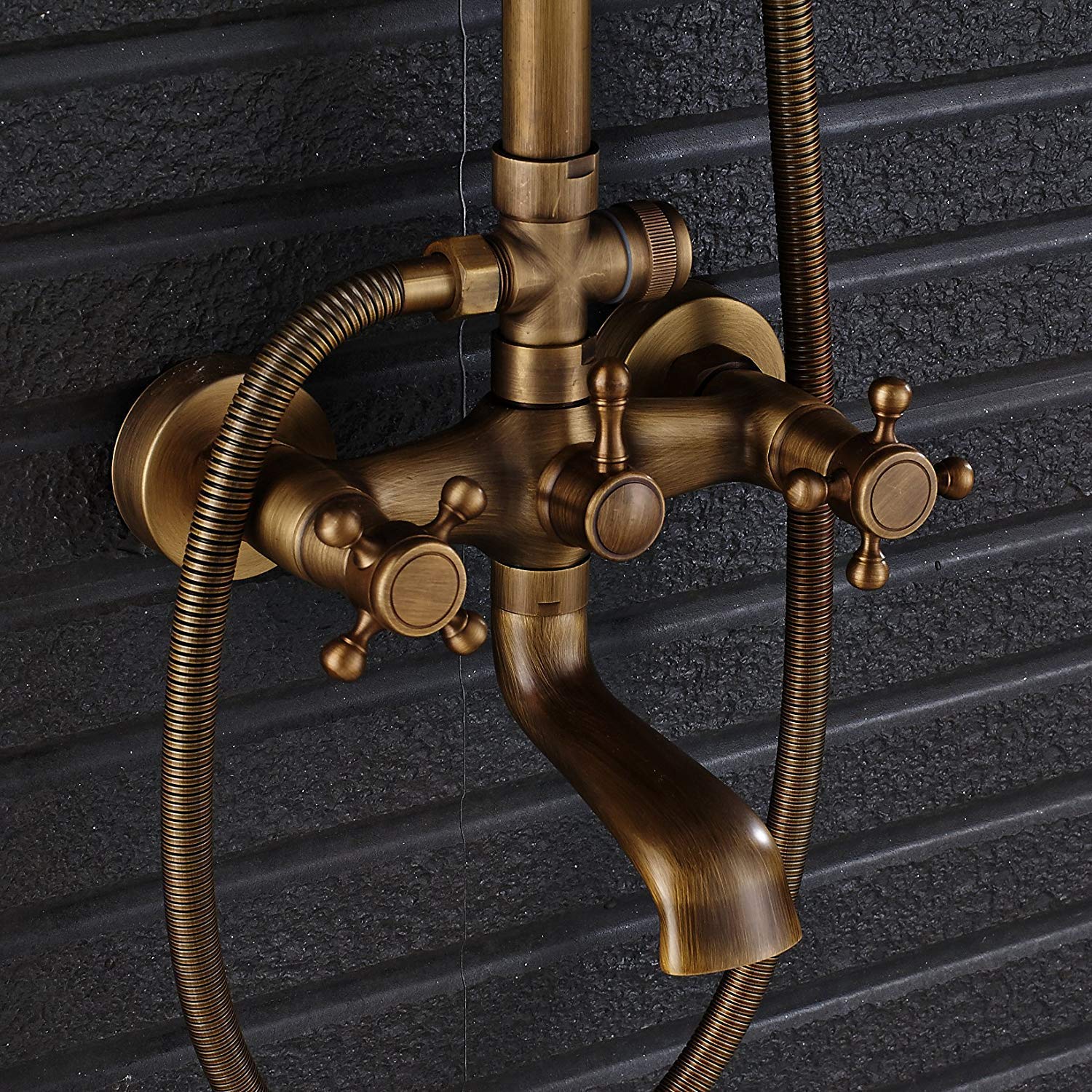 Sistema Doccia, Rubinetto per Vasca per Doccia a Pioggia da Bagno in Ottone Antico Montato a Parete Soffione Doccia Superiore da 8 Pollici + Spray Portatile, Set Doccia di Lusso