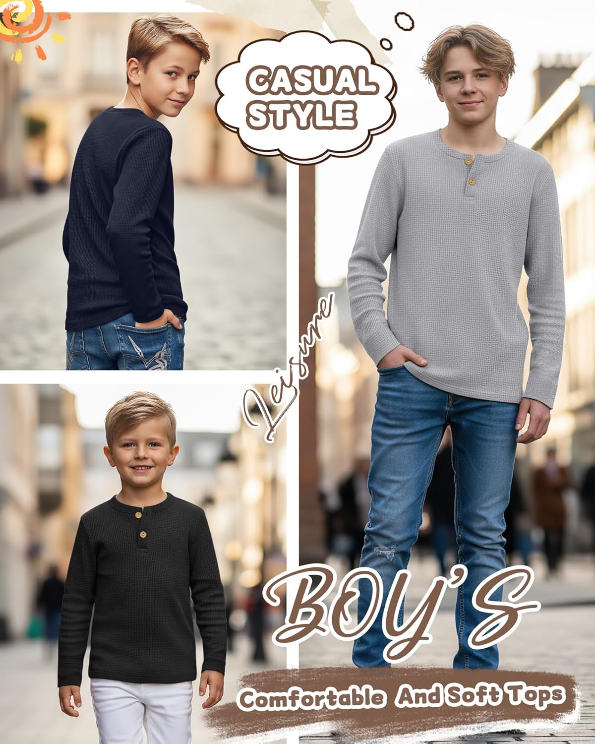 4 Pack Boy's Long Sleeve Henley Shirts, Waffle Thermal Cotton Blend Tops Fall Winter Breathable Tees 5-14 Years - Image 3