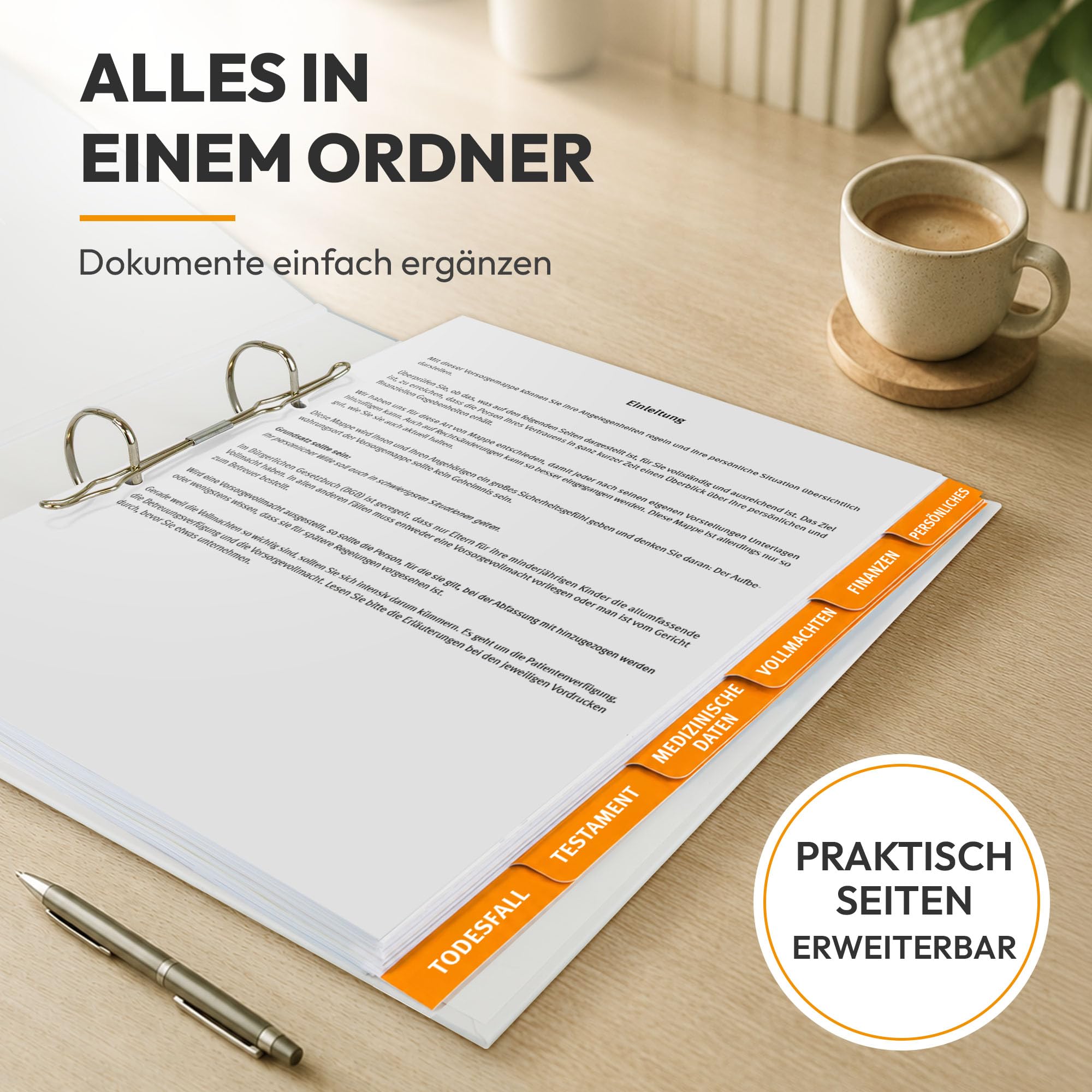 Vorsorgeordner & Pflegemappe mit Register - Notfallordner für Dokumente, Vollmachten und Patientenverfügung - Alles an einem Ort übersichtlich geregelt - Flexibel erweiterbar