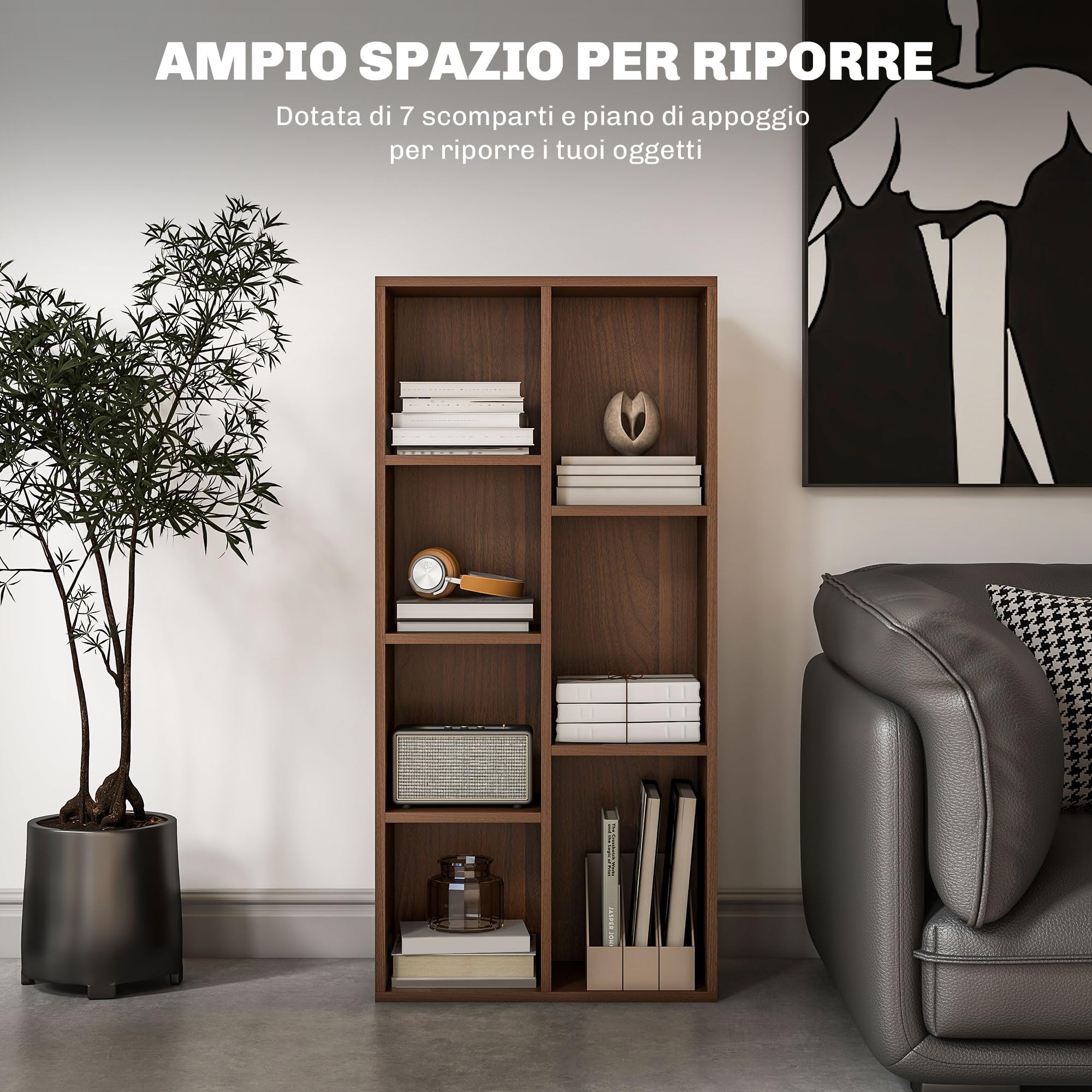 Libreria A 7 Cubi Con 3 Ripiani E Gambe - Scaffale In Legno 80x24x106 Cm, Organizer Per Giocattoli E Libri, Vetrina Per Soggiorno E Camera Da Letto, Marrone Vintage - 4