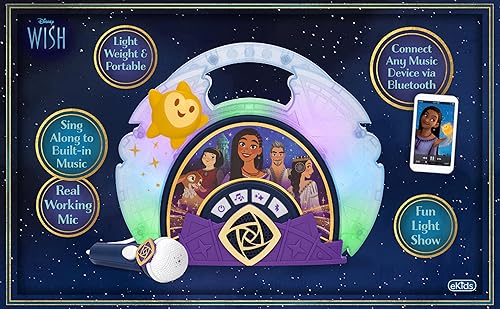 Miniatura 5 de eKids Disney Wish - Micrófono de karaoke con altavoz Bluetooth para fanáticos de los juguetes de Disney, máquina de karaoke para niños con música