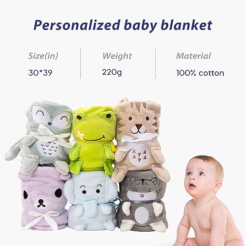 Miniatura 4 de Cobija de franela personalizada para bebé unisex con animalito de adorno, cobertor de seguridad para recién nacidos, regalo para bebé con su nombre