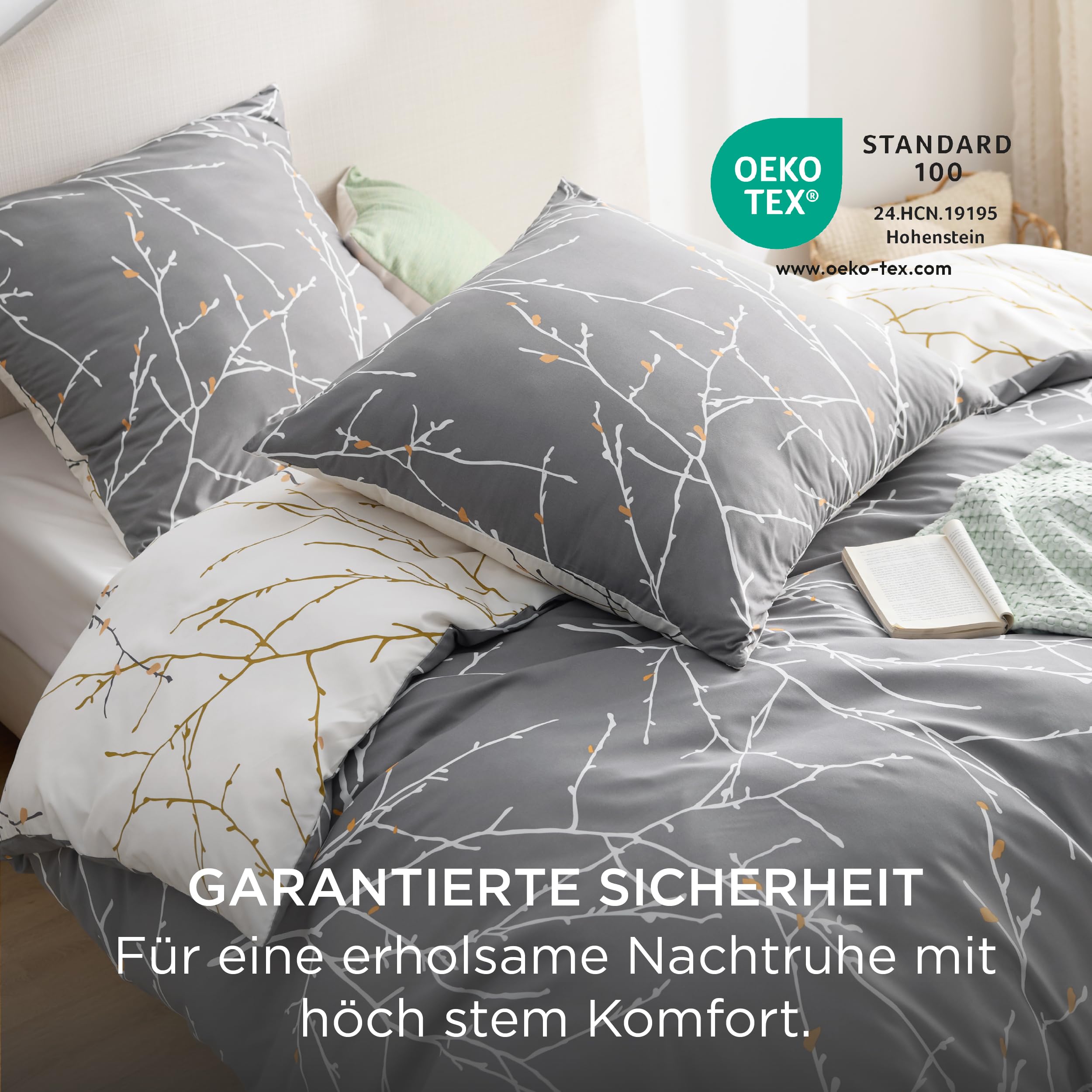 BEDSURE Bettwäsche 135x200 4teilig Bettbezug - Bettwäsche-Sets 135 x 200 cm 2er Set mit 2 Kissenbezüge 80x80cm, ÖKO-TEX Wendebettwäsche Bedding Zweige Grau Muster mit Reißverschluss