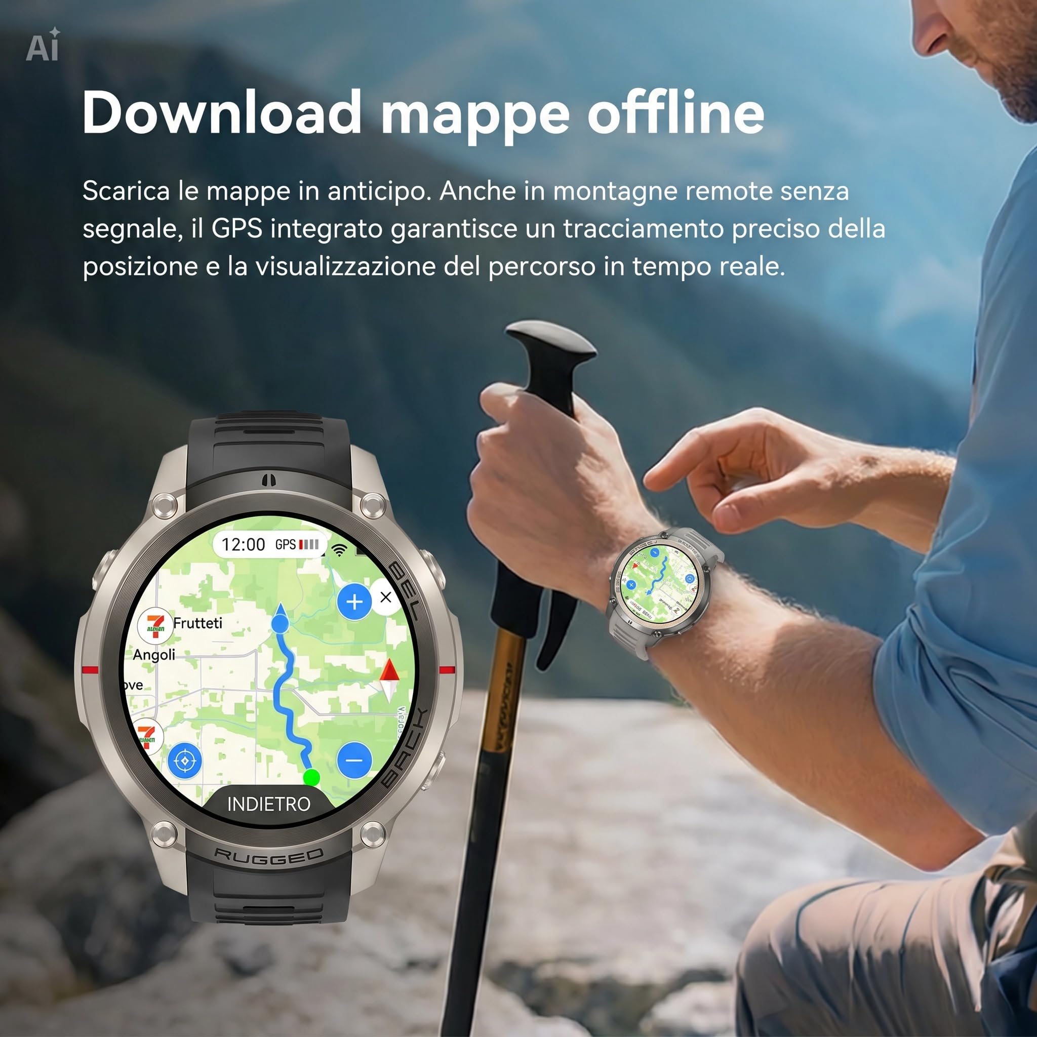 Smartwatch GPS con Mappe Offline, Bussola, Altimetro, Meteo – Orologio con Display AMOLED 1.43", Impermeabile 50M, Monitoraggio Cuore/Ossigeno/Pressione, Cinturino in Gel di Silice