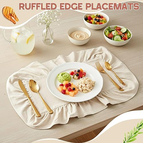 Miniatura 3 de Frienda Juego de 4 manteles individuales rectangulares con volantes, manteles individuales festoneados blancos de 13.8 x 17.7 pulgadas, lavables a