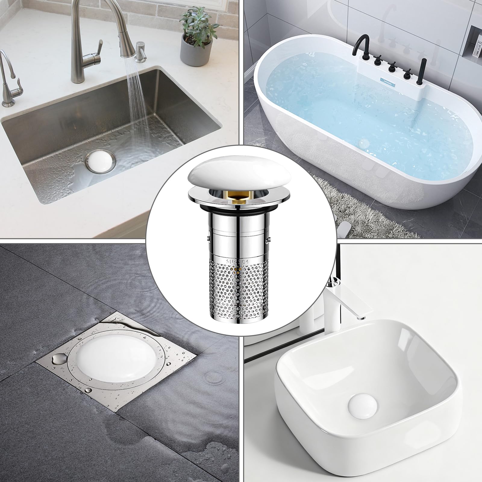 2 Pezzi Filtro di scarico a comparsa,Tappo lavandino cucina, Ceramica Lavabo Filtro di Scarico, Adatto per cucina, bagno, lavabo(diametro 32 a 40mm)