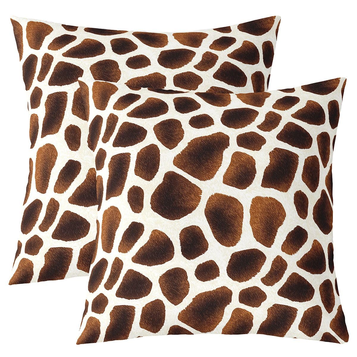 Homewish Safari Giraffe Print Set of 2 Cushion Covers 40 x 40 cm - Luxury Wild Animal Pillow Covers for Sofa Bed Garden Outdoor - White Brown Decorative Square PillowCase for Living Room