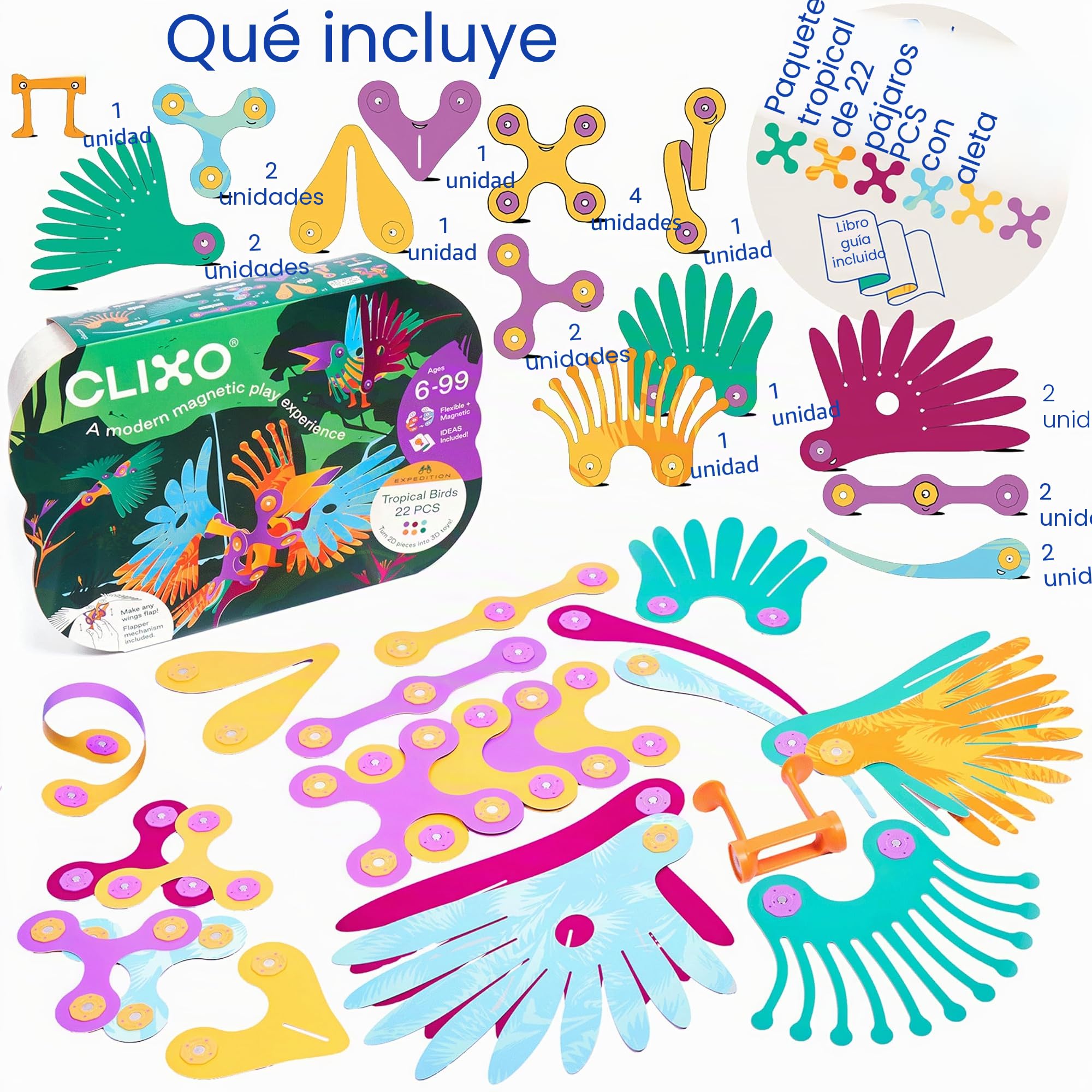 Clixo Tropical Birds Pack 22 Piezas. Juego de Construcción Magnético Steam con Mecanismo Personalizado de Batido de Alas para Juego Creativo, Edades 6+