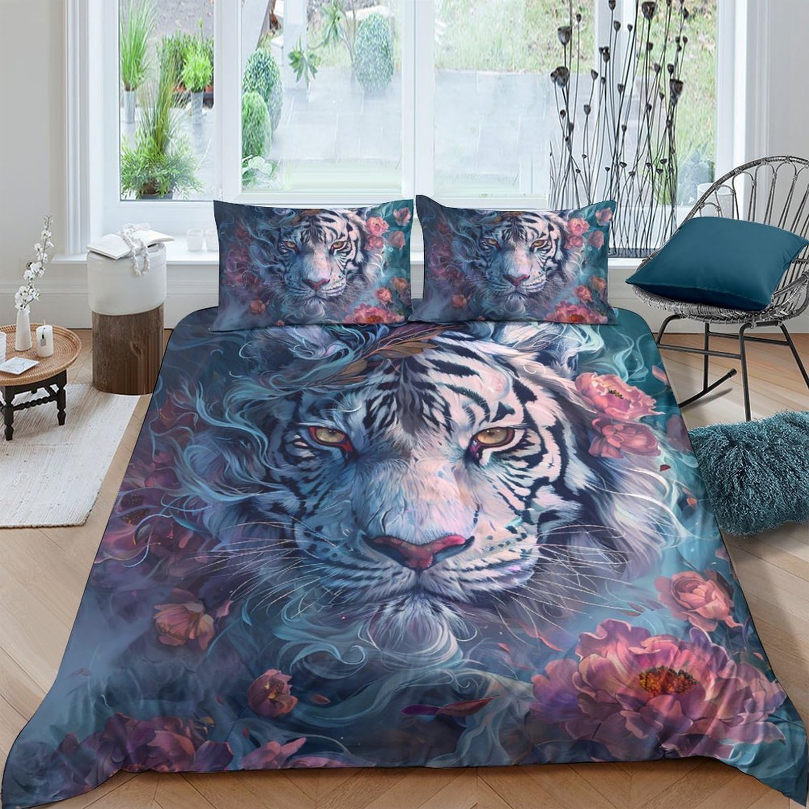 Ctjqhvkz Style-9 3D Printed White Tiger Fitted Sheet Microfiber Bedroom Decor Floral Bed Cover For Home Guest Room Easy Care Single（135X200cm）