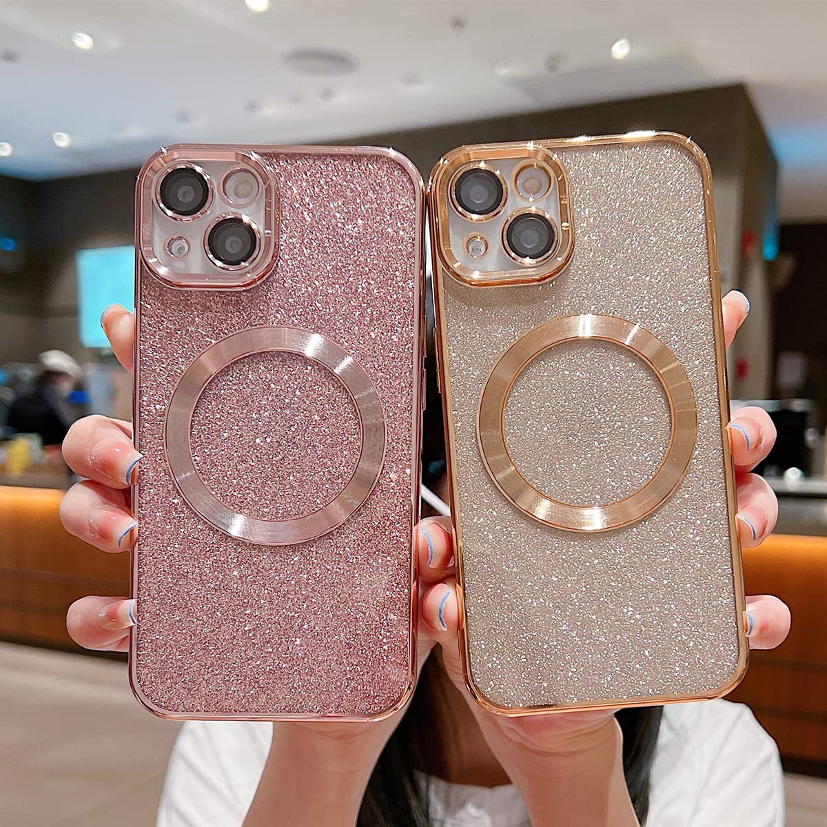 Custodia Magnetica Ownest Per IPhone 14 Pro Max – Glitter Rosa, MagSafe, Protezione Fotocamera