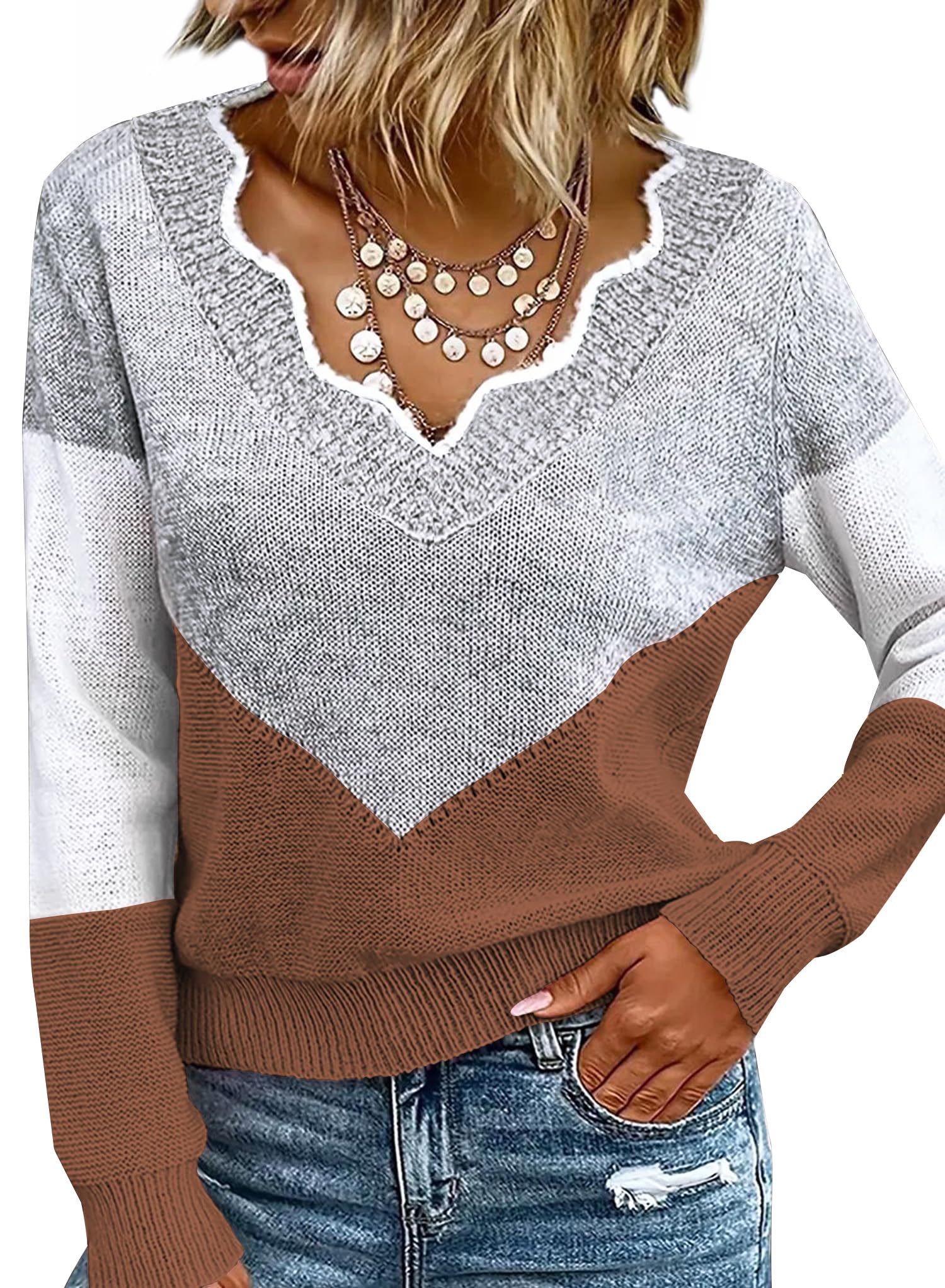 Ranphee Patchwork Pullover Damen Herbst Elegant 2025 Strick Kuschelpullover Pulli Strickpullover