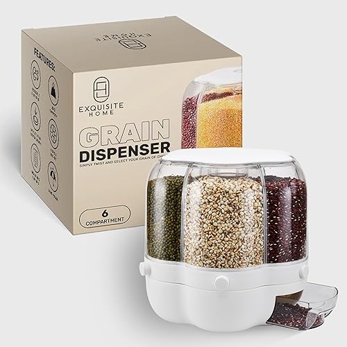 Exquisite Home Dispensador de alimentos secos de 18 libras con 6 compartimentos, contenedor de arroz de rotación de 360, contenedor de