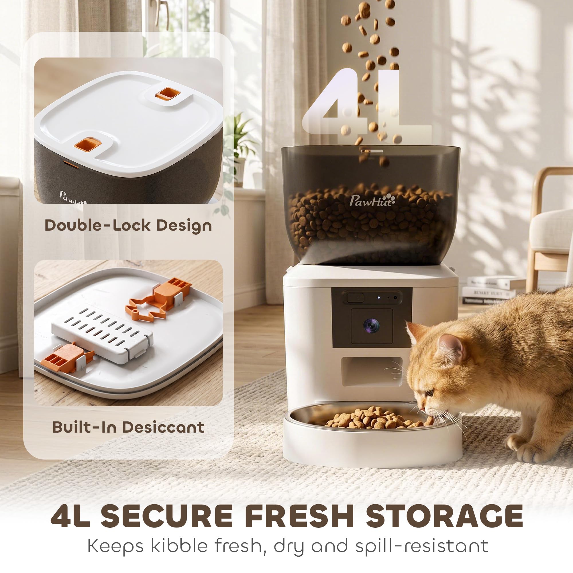 PawHut Comedero automático para gatos con cámara, WiFi de 2.4 G, control inteligente de aplicación, comedero para mascotas de 4 L, 1-10 comidas con audio de 2 vías, visión nocturna, antiobstrucción