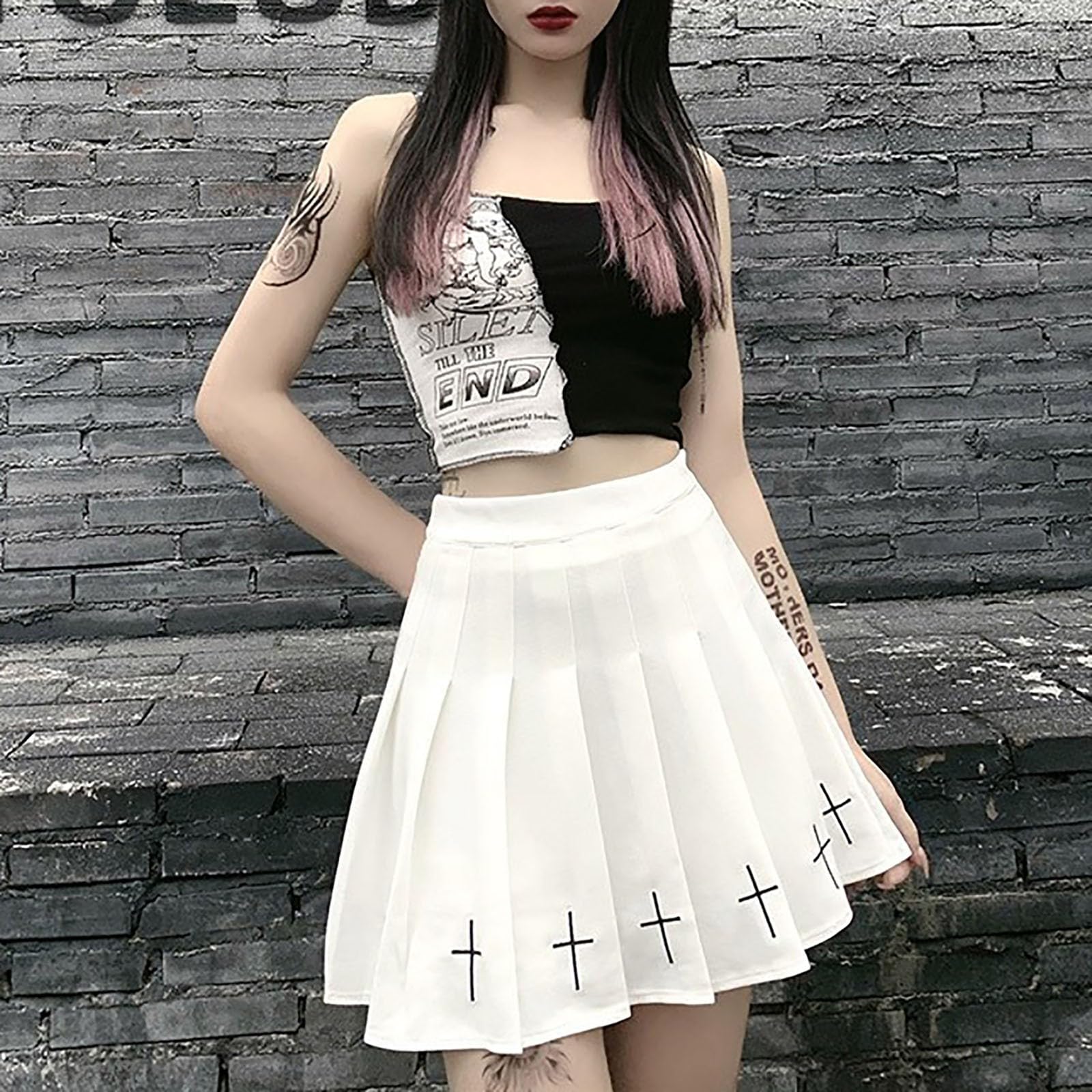 Eyurigaoka damskie gotyckie mini spódnice punkowe Dark Academia estetyczna spódnica o linii A Streetwear sukienka klubowa