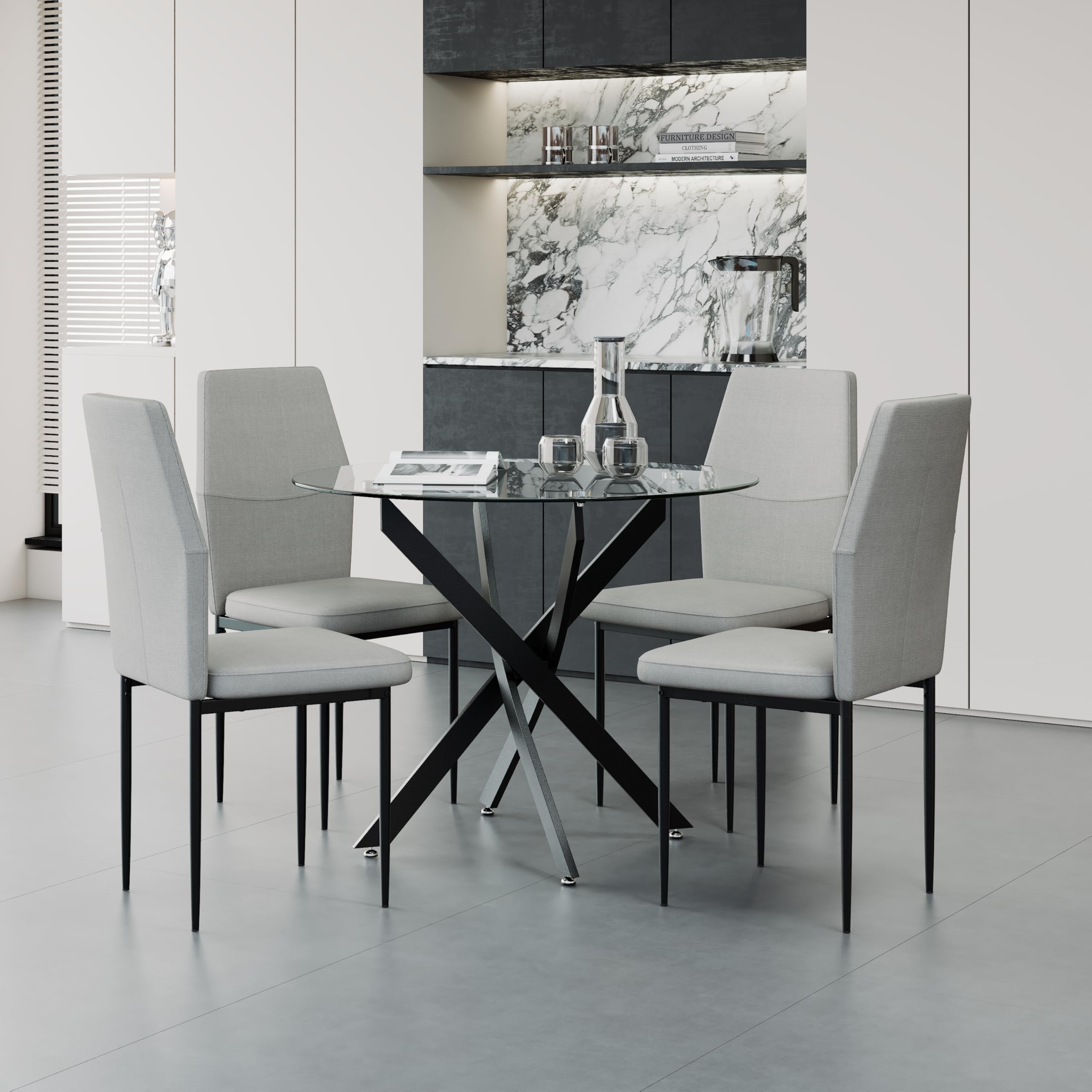 Table De Salle à Manger Ronde Verre Et Métal + 4 Chaises - 120 Cm, Intérieur