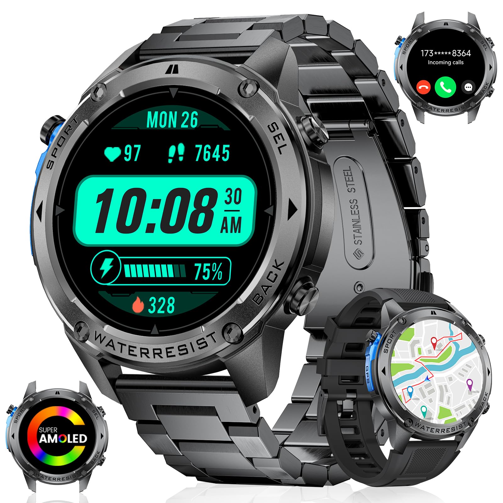 LIGE DM2-G Smartwatch displaying GPS tracking on a map, along with compass, altitude, and atmospheric pressure readings, set against a mountain backdrop.