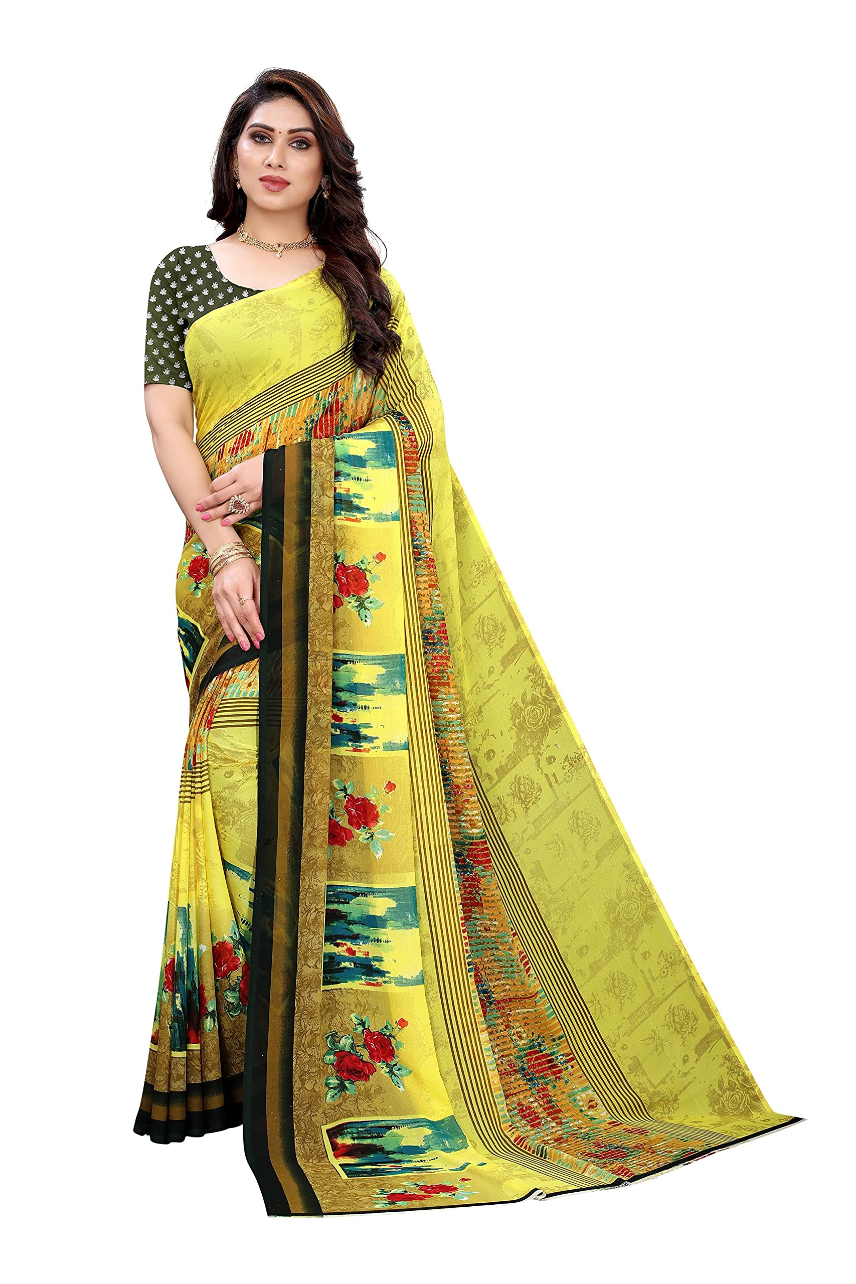 ANNI DESIGNERWomen's Chiffon Printed Saree with Blouse Piece (POINT-YELLOW_Yellow)