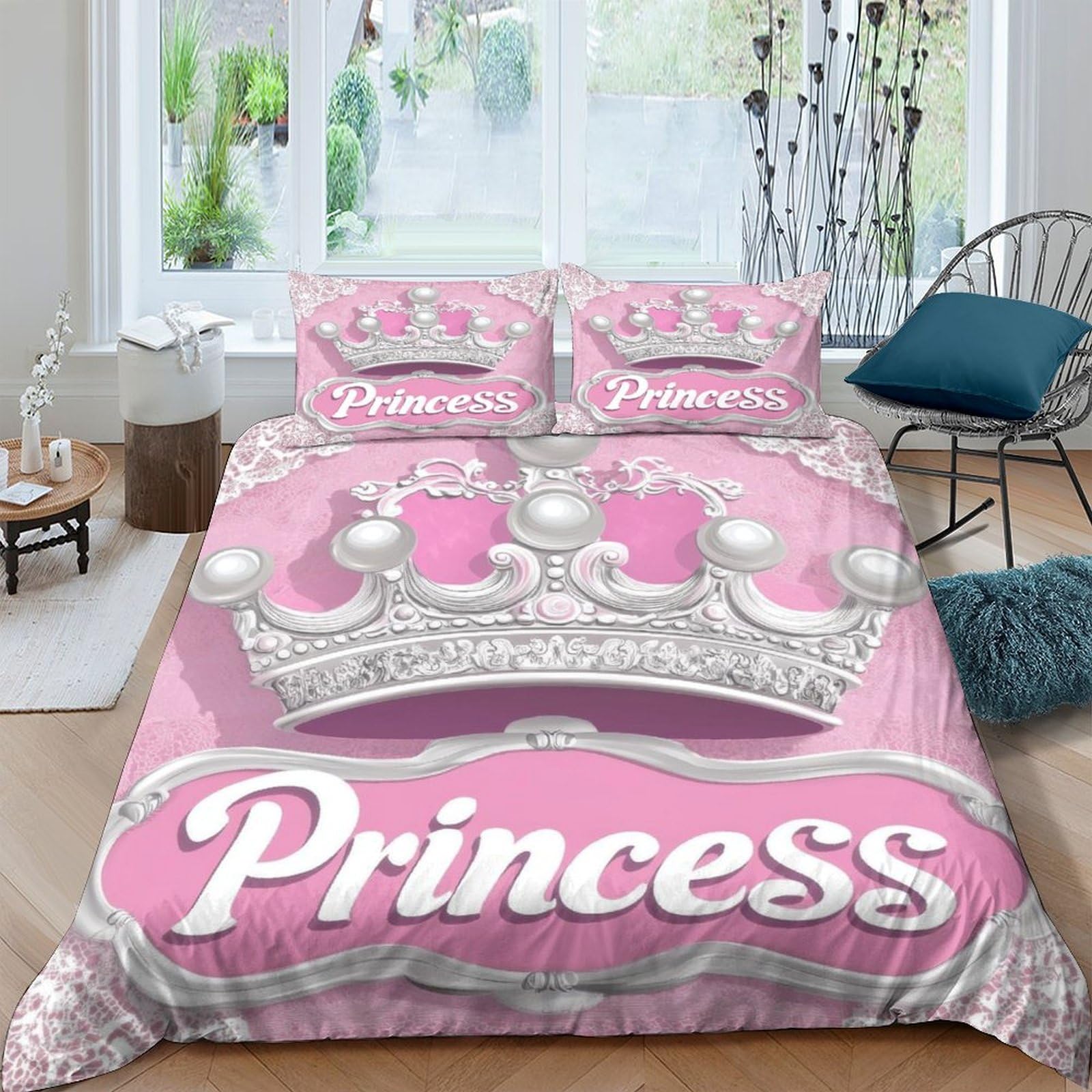 Ctjqhvkz Style-7 3D Printed Pink Crown Fitted Sheet Microfiber Princess Letter Bed Sheet Slip Resistant Bedroom Guest Room Decor Single（135X200cm）