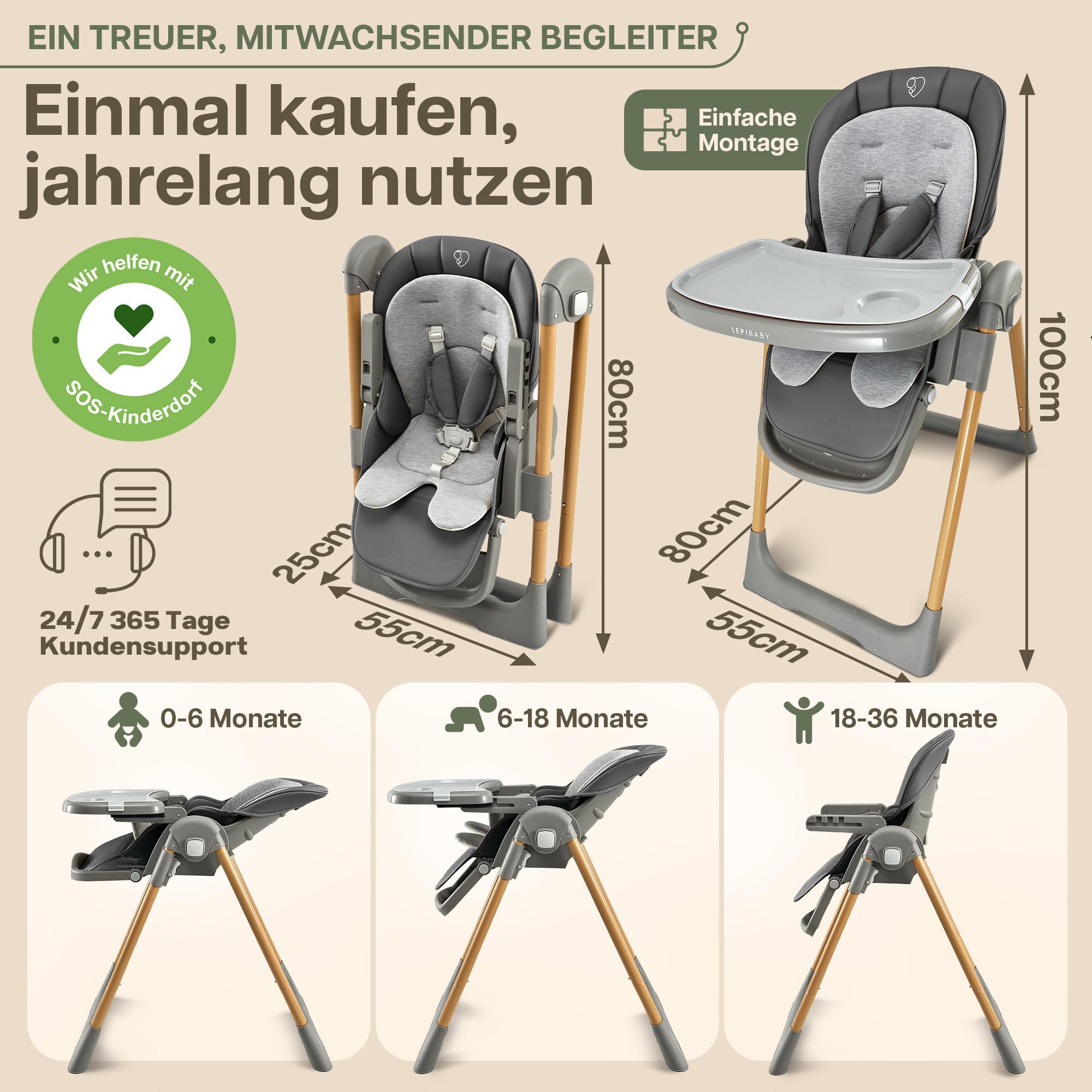 FlexiCo Hochstuhl Baby mit Liegefunktion & Neugeborenenaufsatz, Klappbar & Höhenverstellbar | Kinderstuhl Kinderhochstuhl Babystuhl | Mitwachsend Kind ab Geburt, 1-3 Jahre | Grau