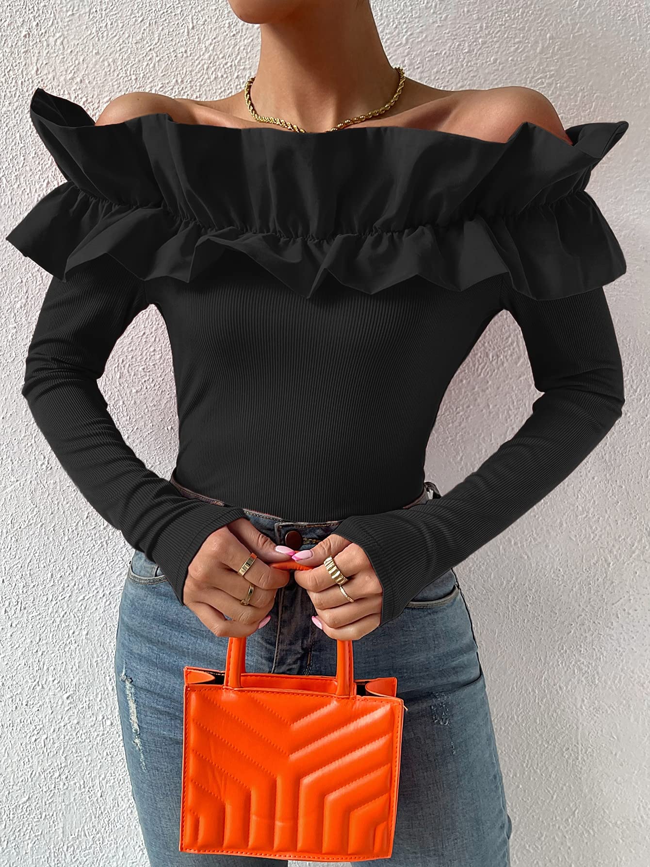 OYOANGLE Women's Long Sleeve Rib Knit Ruffle Off Shoulder Blouse Party Tops Shirt