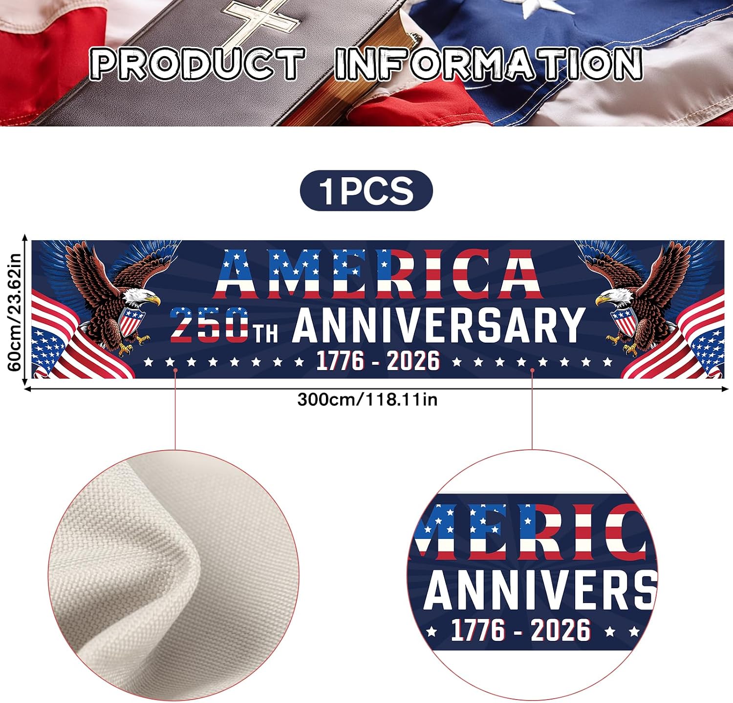 USA 250th Anniversary American Banner, 4th of July Patio Banner with Grommets for Outdoor Decorations, 1776-2026 Patriotic USA 250th Birthday Flag Party Decor Supplies for Indoor Yard Garden Porch