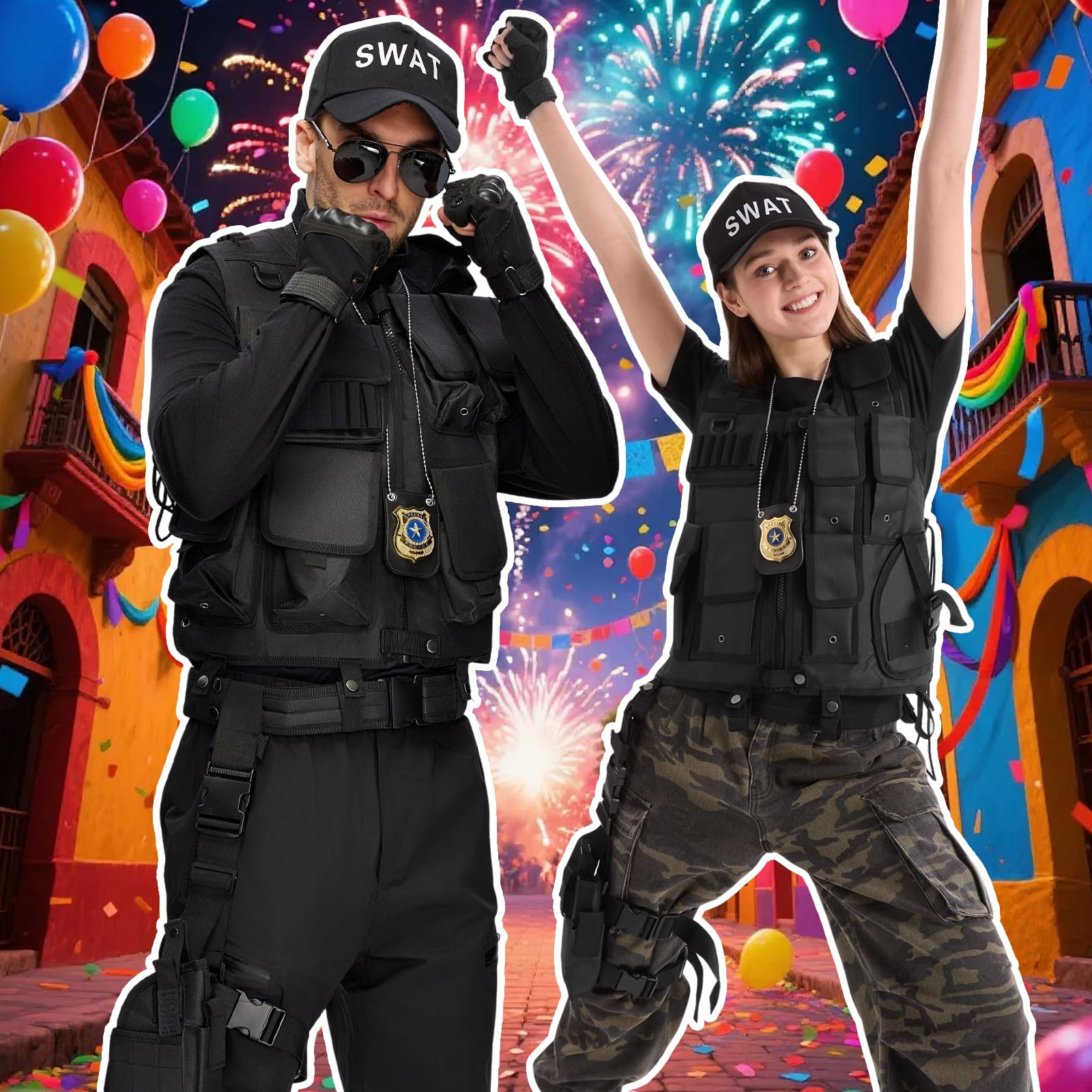 Conjunto Disfraces Swat para Hombre, Chaleco Swat Security con Equipamiento Policial, Chaleco Policial Negro para Carnaval, Halloween y Cosplay