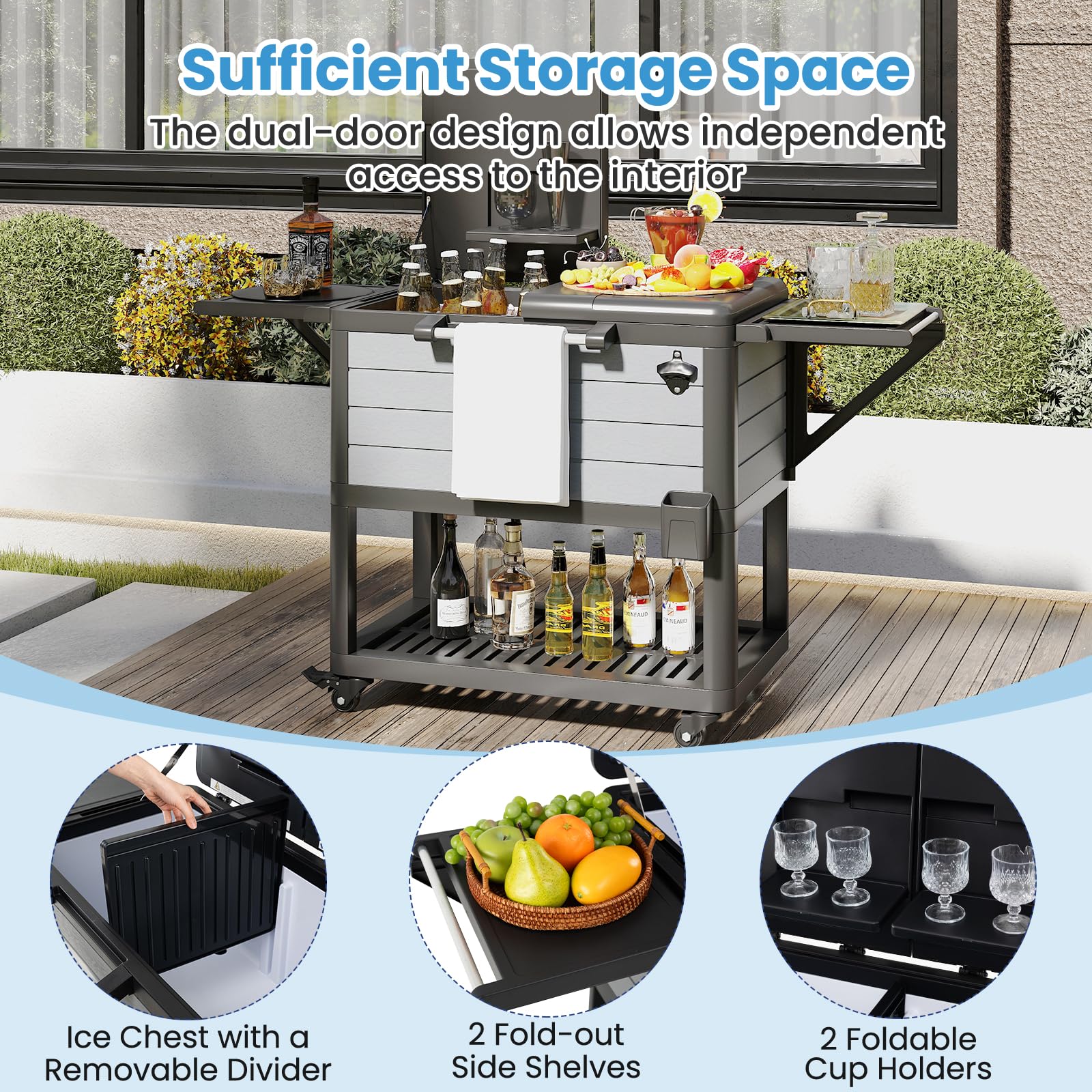 SOARS - Refrigerador con ruedas (91 L, barra exterior móvil, 83 x 50 x 85 cm, con separador extraíble, 2 estantes laterales plegables, 4 ruedas universales, para jardín, terraza, piscina