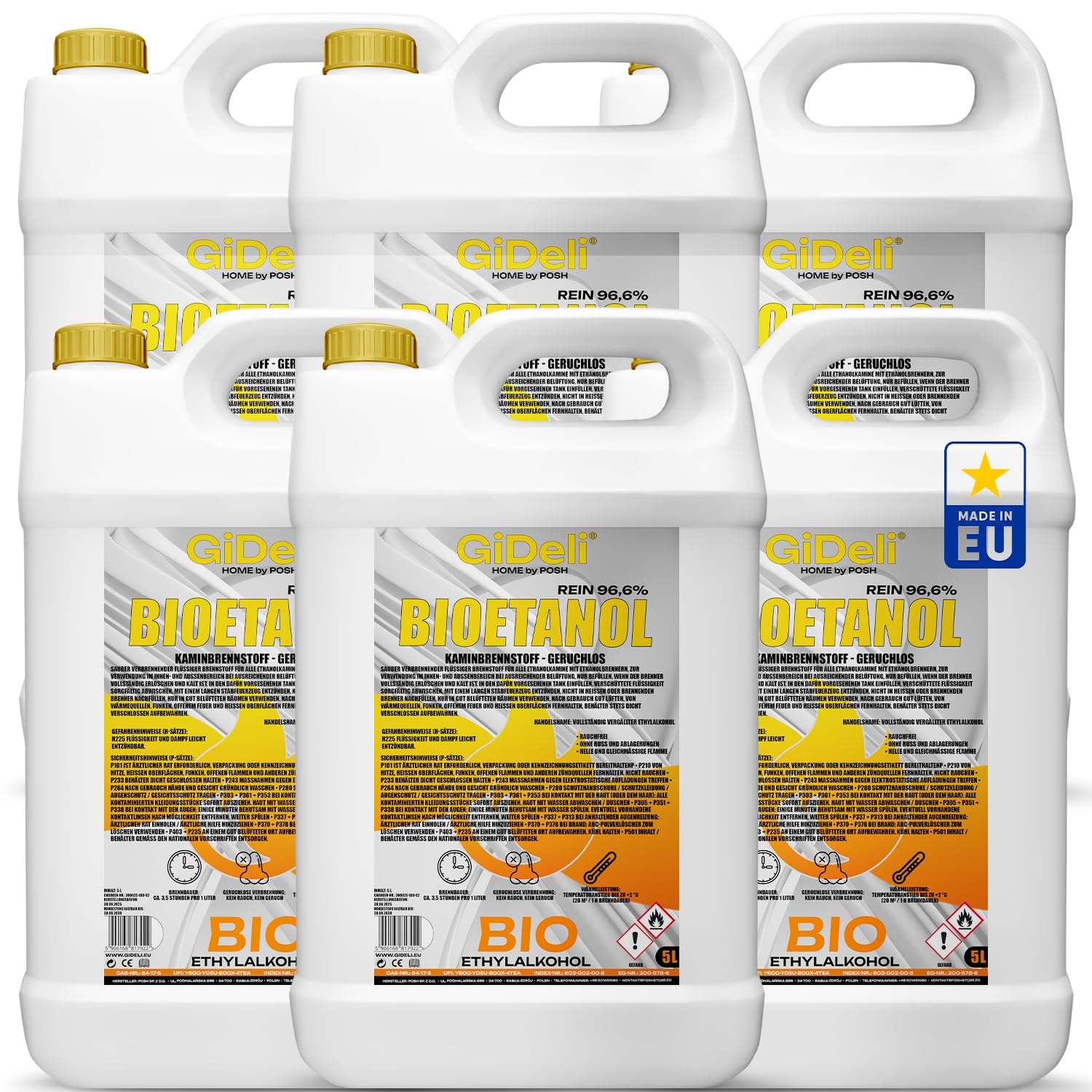 GiDeli Bioethanol 96,6% Geruchlos 30 Liter - Bio Ethanol 6X 5L für Tischkamin, Kamin Indoor & Outdoor - Rauchfrei und Rußfrei, farblos - Aus Mais & Zuckerrüben