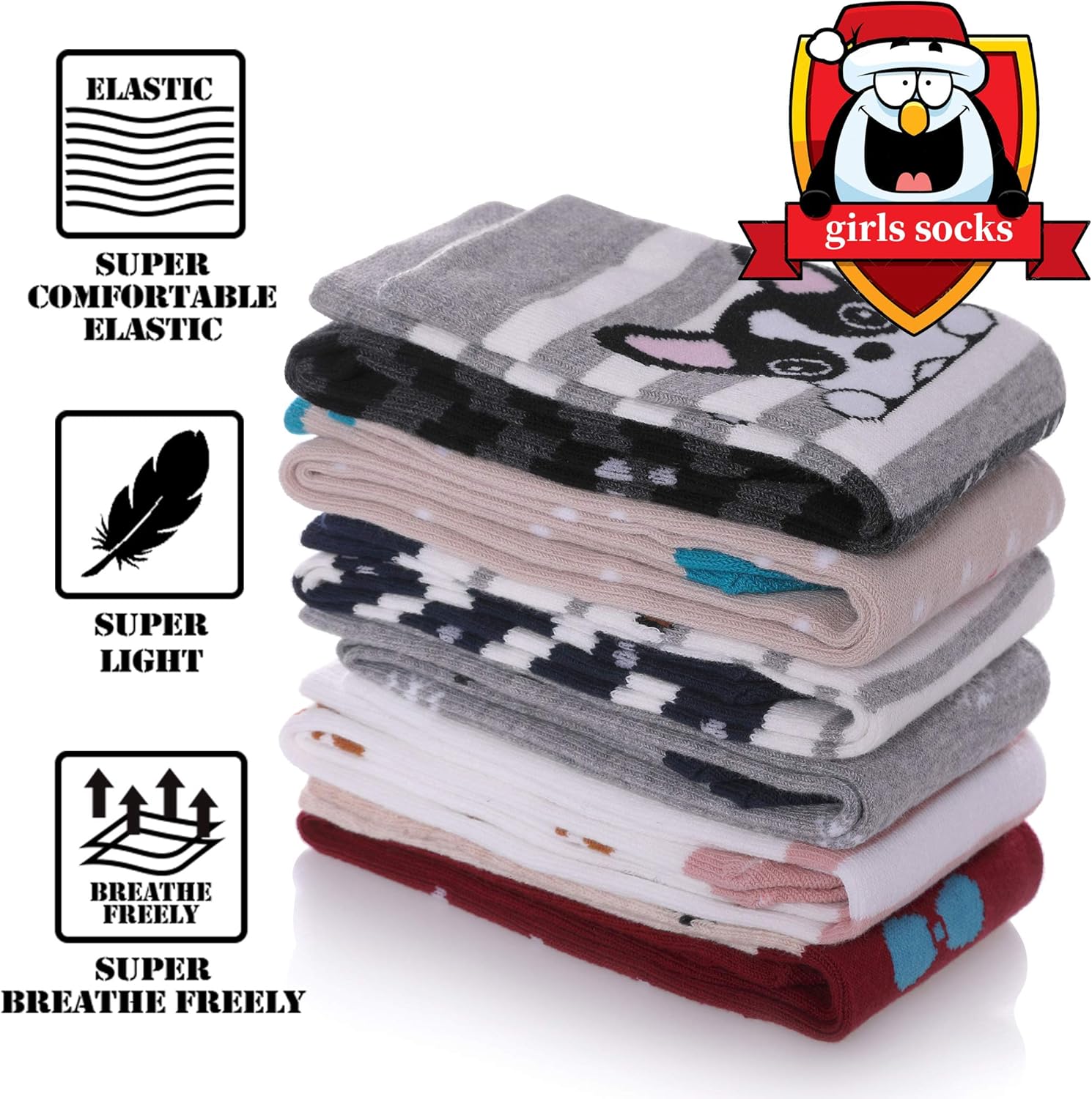 FNOVCO Girls Knee High Socks Kids Crazy Fun Gift Cute Animal Patterns Cotton Long Socks 6 Pairs - Image 3