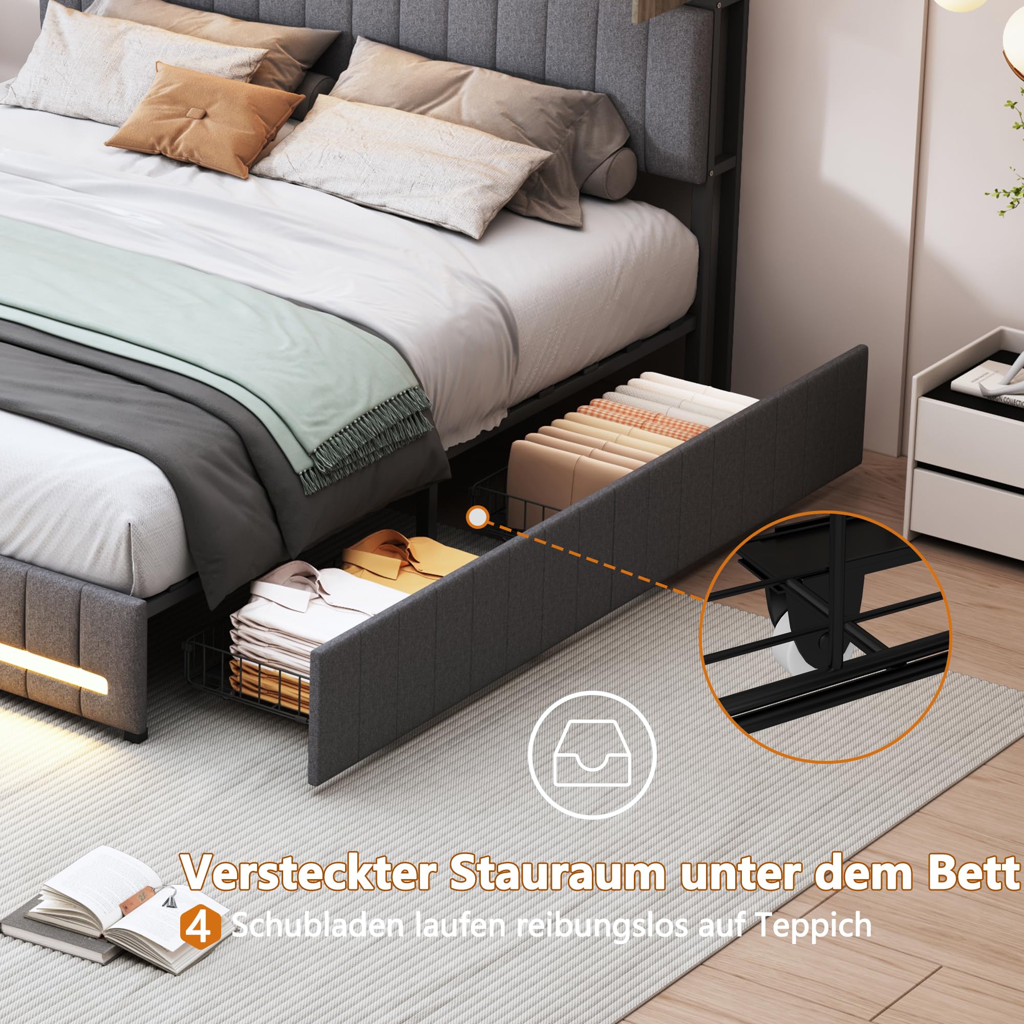 Bed 140 x 200 cm, met lattenbodem en opbergruimte, gestoffeerd tweepersoonsbed met laden, hoofdeinde met led en USB-poorten, volwassenen en jongeren, modern design, zonder matras, fluweel, beige