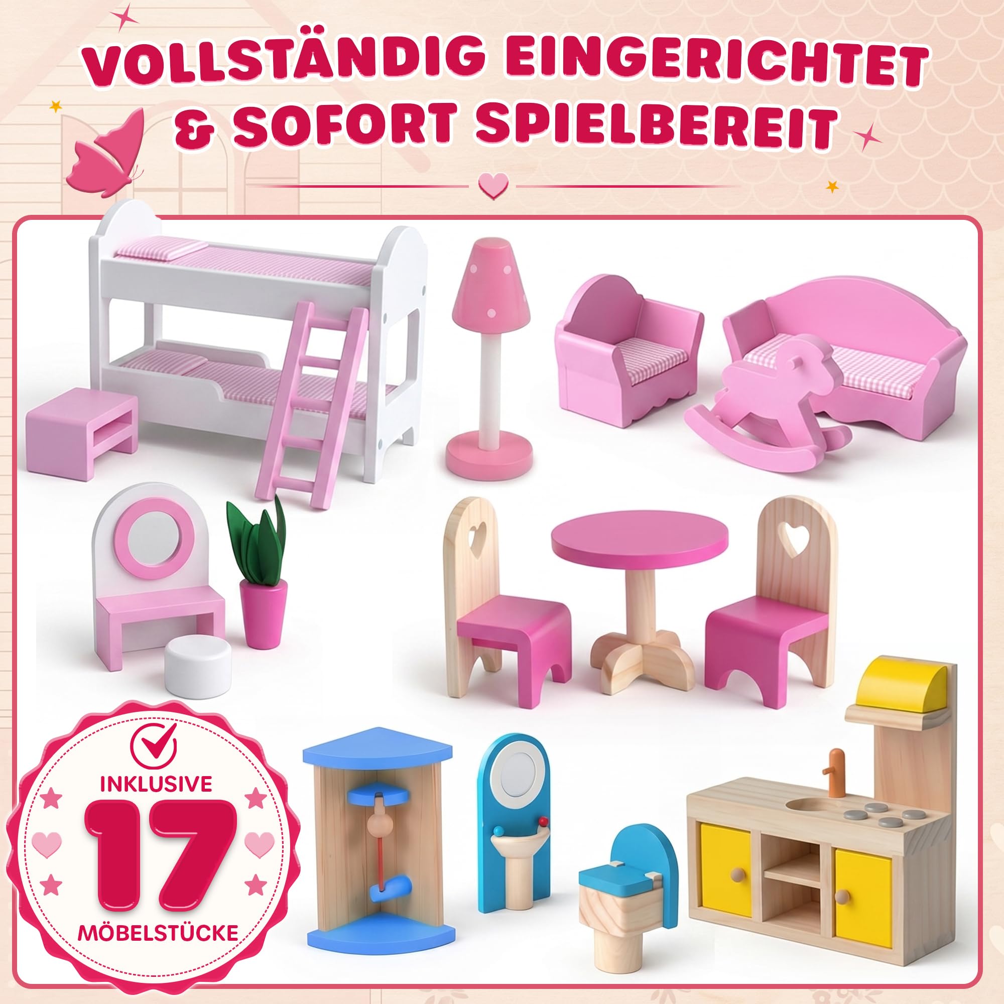 Kinderplay Puppenhaus aus Holz – Große 3‑Etagen‑Villa mit Garage & Garten – LED-Licht, 17 Möbel – Für Kinder ab 3 Jahren, Puppen bis 30 cm – 90 cm hoch