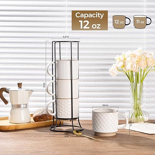 Miniatura 10 de GBHOME Tazas de café apilables de 12 onzas, tazas de café de cerámica con patrones de textura para hombre, mujer, papá, mamá, juego de 4 tazas
