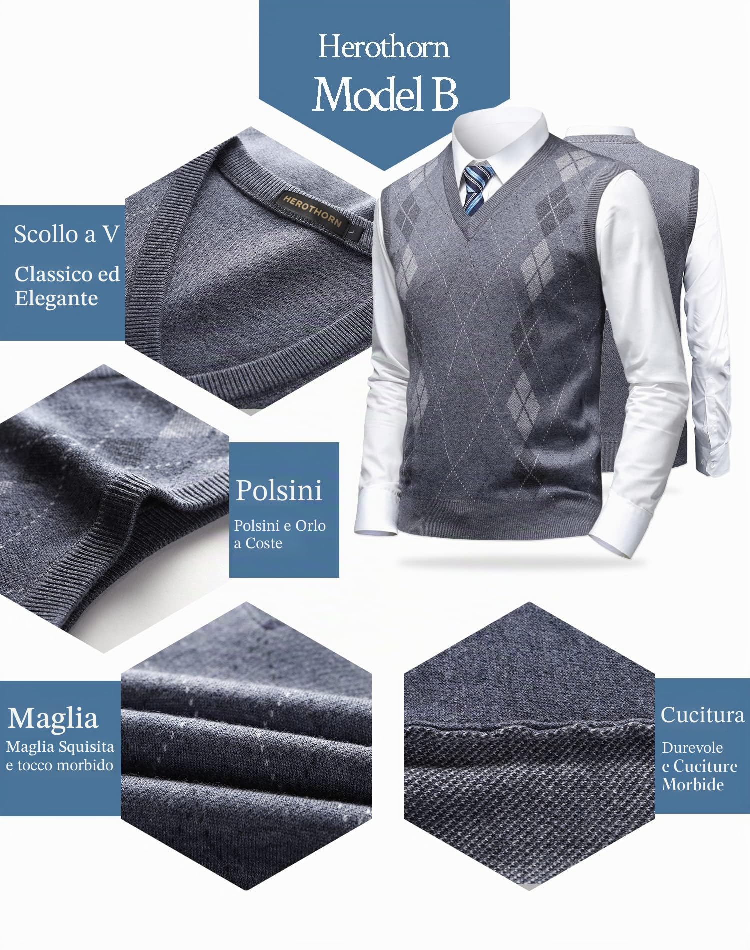Gilet in Maglia da Uomo Argyle Classica con Scollo a V Maglieria Senza Maniche Pullover Maglione Smanicato Canotte Maglioncino Autunno Inverno