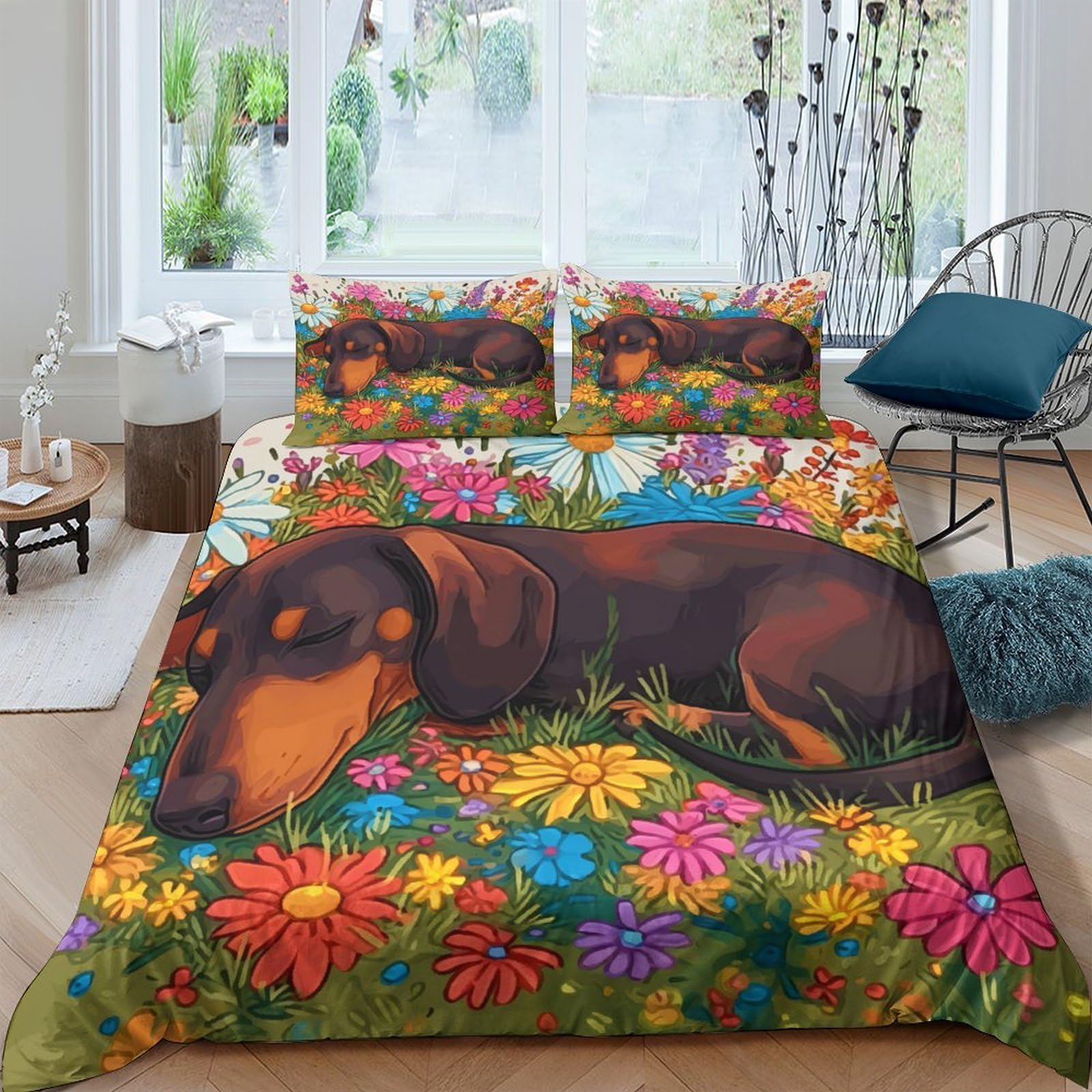 GPLZQXKJNH 3D Printed Dachshund Floral Duvet Cover Microfiber Soft Breathable Meadow Bedding Set with 2 Pillowcases for Bedroom Decor Single（135x200cm）