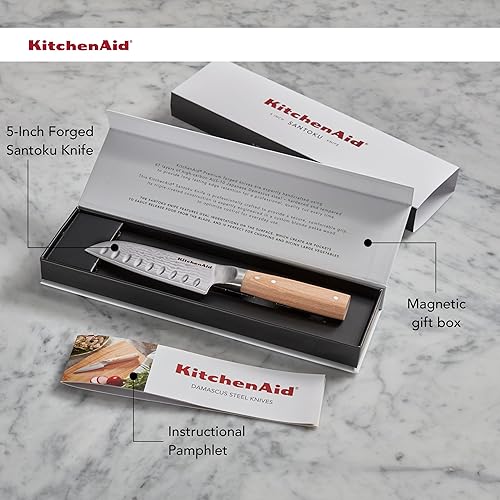 Miniatura 7 de KitchenAid Cuchillo Santoku forjado prémium de 5 pulgadas, hoja de acero de damasco AUS-10, mango de madera de Pakka con triple remache, cuchillo de