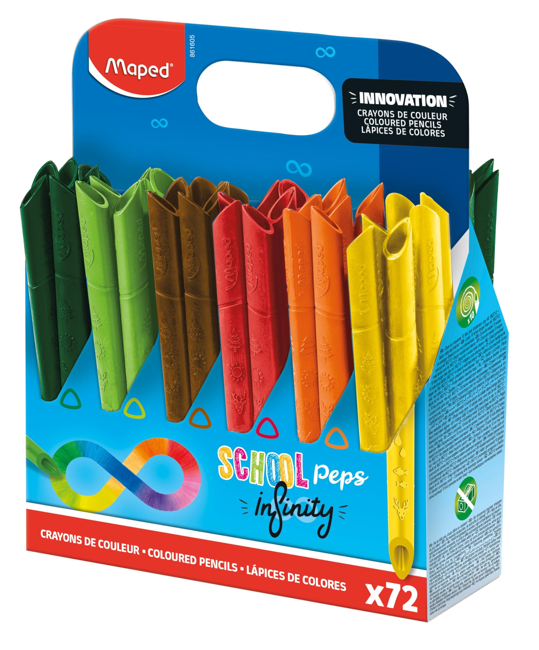 SCHOOL'PEPS INFINITY COLOURED PENCILS - 100% LEAD, 100% USABLE - ZERO WASTE - NO SHARPENING – LONG LASTING – ERGONOMIC TRIANGULAR SHAPE - SCHOOL CLASS PACK OF 72 PENCILS – 12 COLOURS