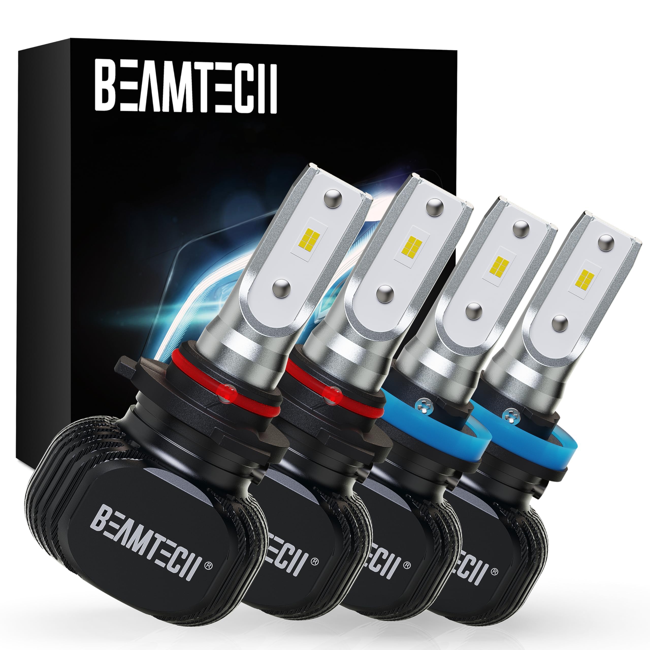BEAMTECH 9005 H11 Bulbs Combo, S1 Series 300% Brighter 6500K White, 4 Bulbs