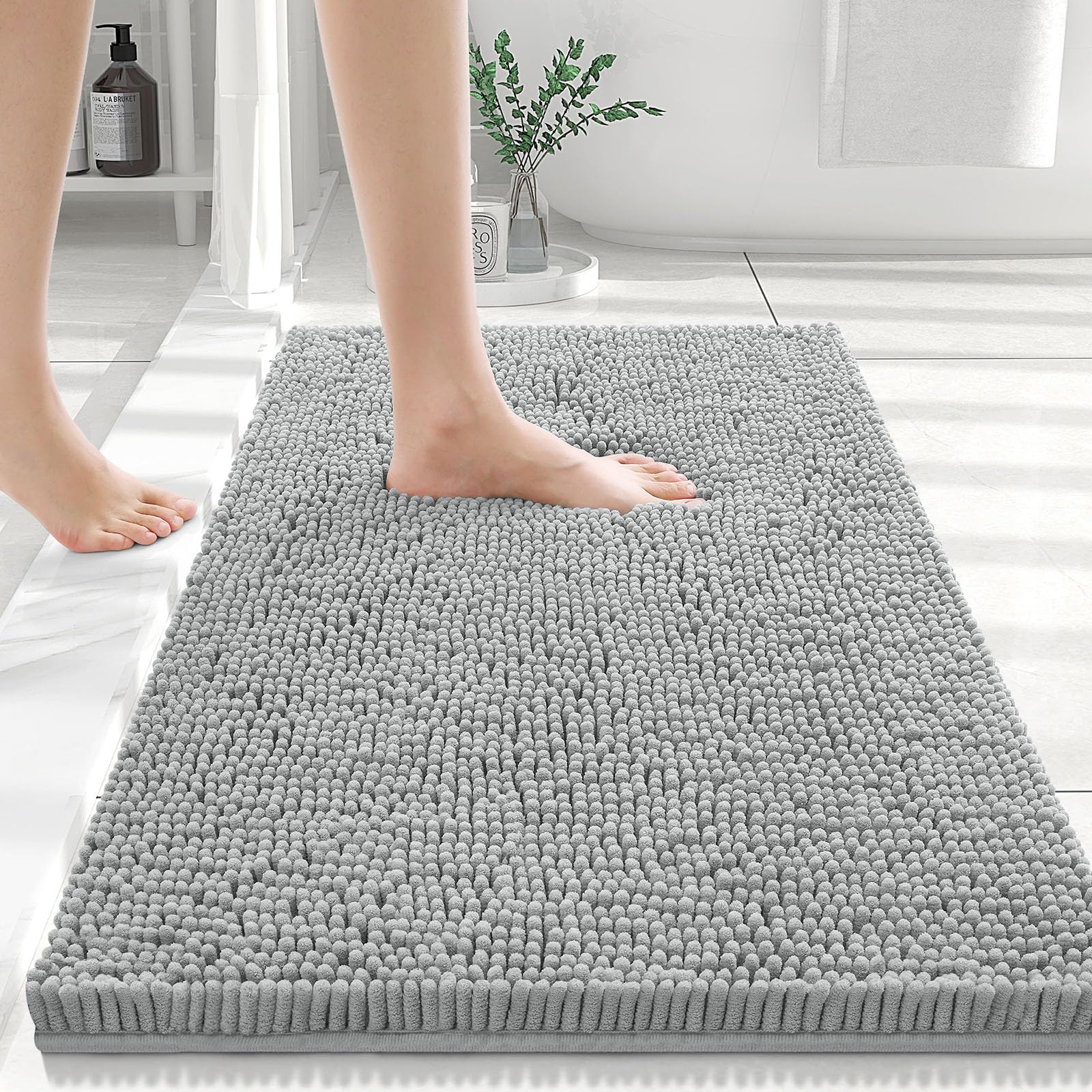 smiry Chenille Bath Mat, 60 x 90 cm, Non-Slip Super Absorbent Bathroom Mat Extra Soft Fluffy Bath Mats for Bathroom Thick Machine Washable Bathroom Floor Mats, Grey