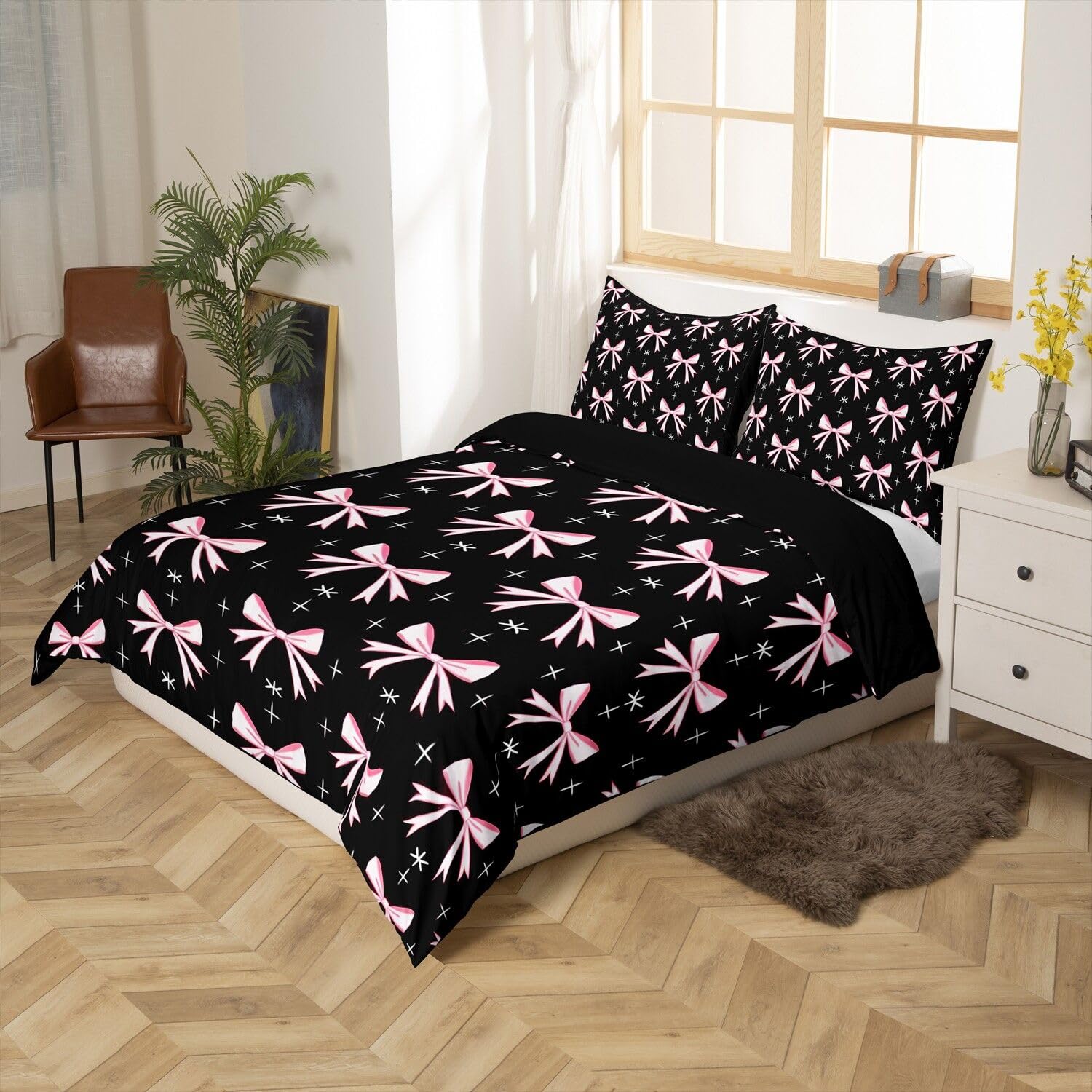 Homemissing Pink Black Bowknot Bedding Set Single Size - Image 3