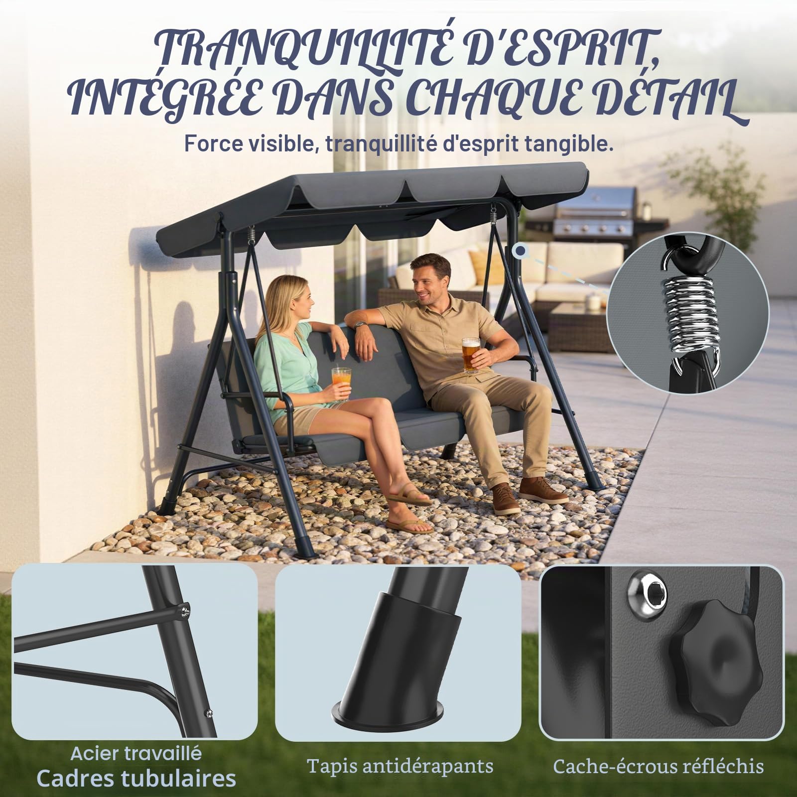 Huracan Balancelle de jardin 3 places avec toit pare-soleil réglable, pieds antidérapants, résistante aux intempéries, construction en métal robuste, 193 x 110 x 152 cm, anthracite