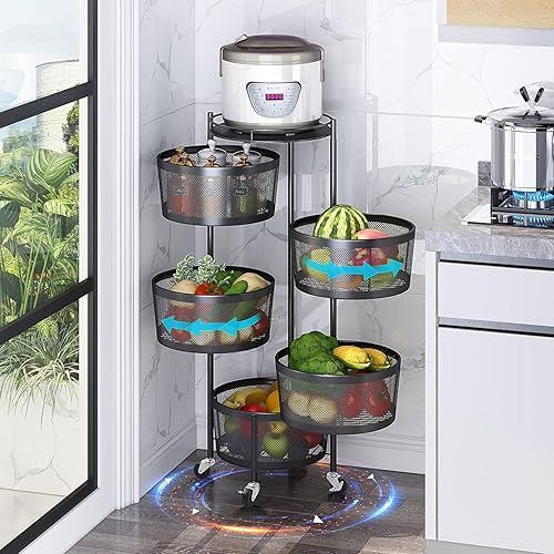 Beaugreen Cestas giratorias de almacenamiento de cocina sobre ruedas, cesta de frutas de verduras, carrito de 5 niveles para cocina, despensa, sala