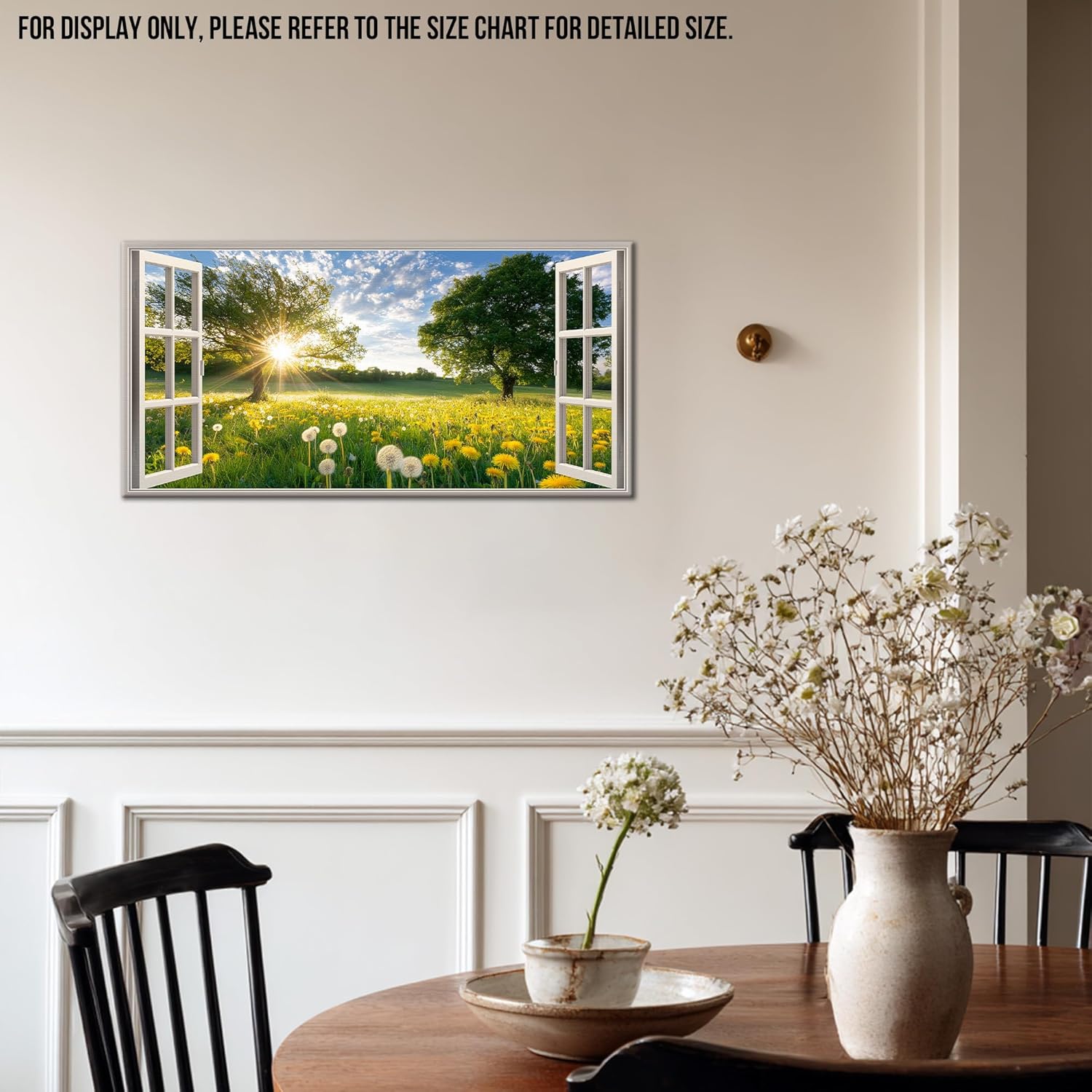Spring Wall Art Canvas, Fake Window Nature Landscape Painting Prints Wall Decor, Sunrise Green Tree Spring Scenery Pictures Artwork, Dandelion Flower Garden Poster Artwork for Living Room 16x8 Inches