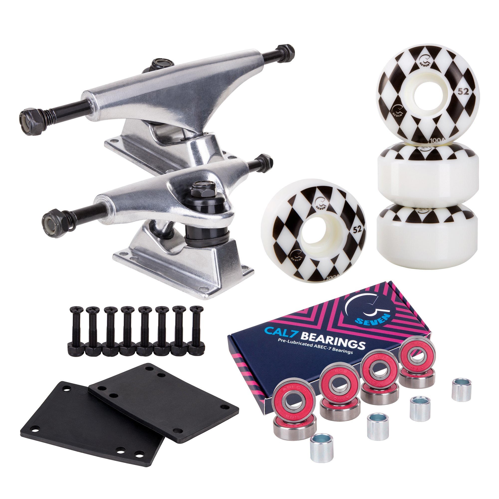 Cal 7 Skateboard Package | Complete Combo Set with 139 Millimeter / 5.25 Inch Aluminum Trucks, 52mm 99A Wheels & Bearings (Silver Truck + White Speedway Wheels)