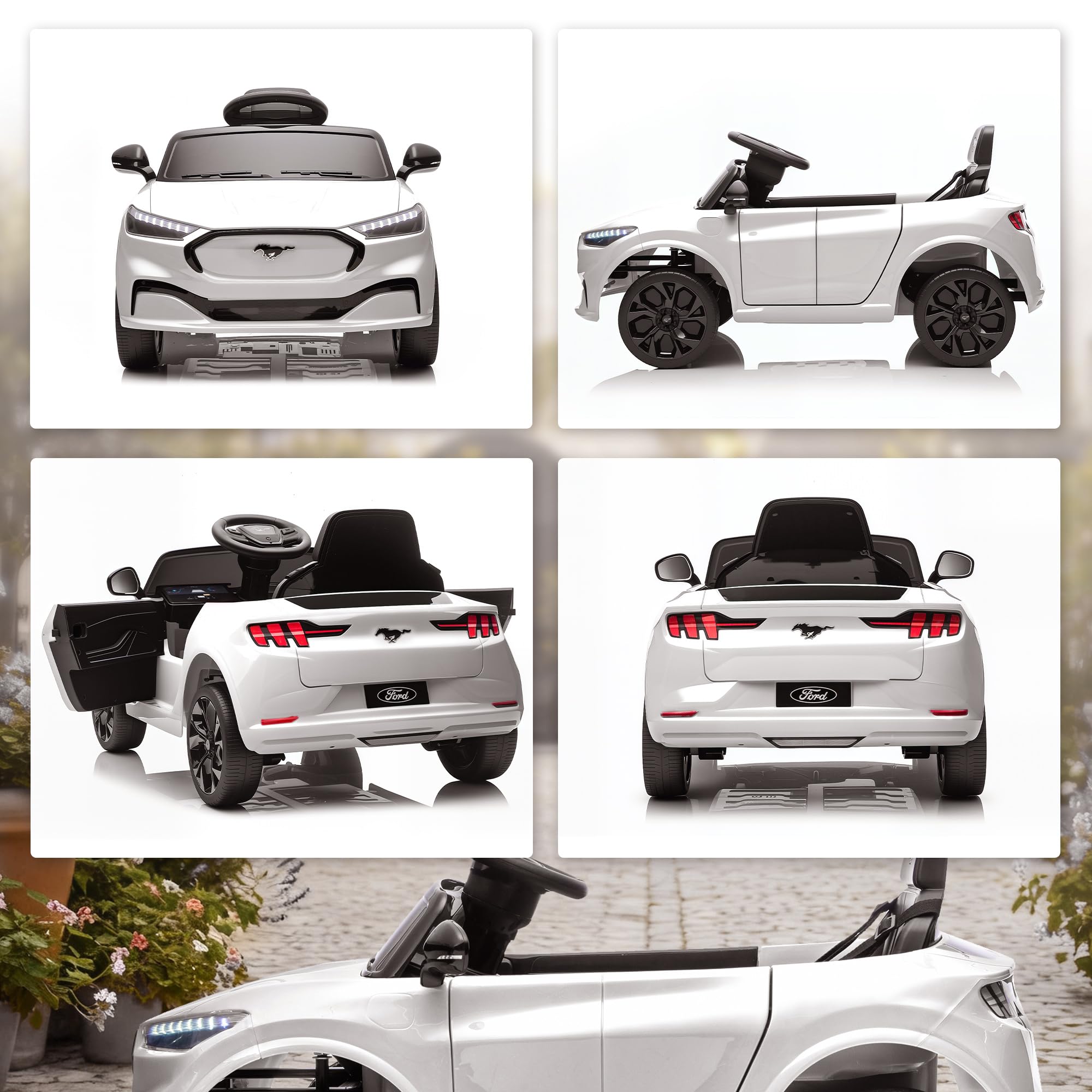 AIYAPLAY Auto elettrica per bambini con licenza ufficiale Ford Mustang Mach-E, 12 V, telecomando da 2,4 G, 2 motori da 25 W, veicolo con avviamento graduale, fari a LED, musica e porta USB, bianco