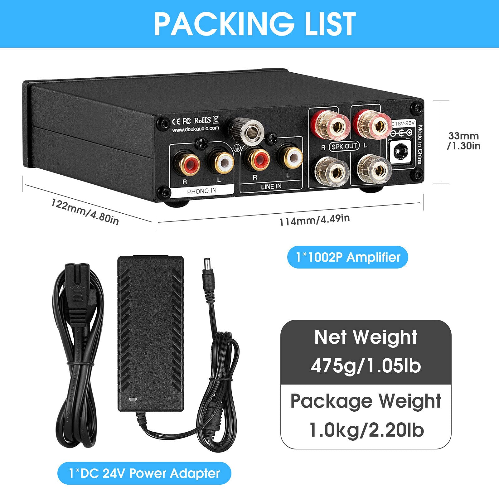 Nobsound 1002P Mini HiFi Stereo Verstärker mit TPA3221 Chip, 2 Kanäle Digitalverstärker, 200W Class D Leistungsverstärker für Desktop Audio, MM Phono Verstärker für Plattenspieler